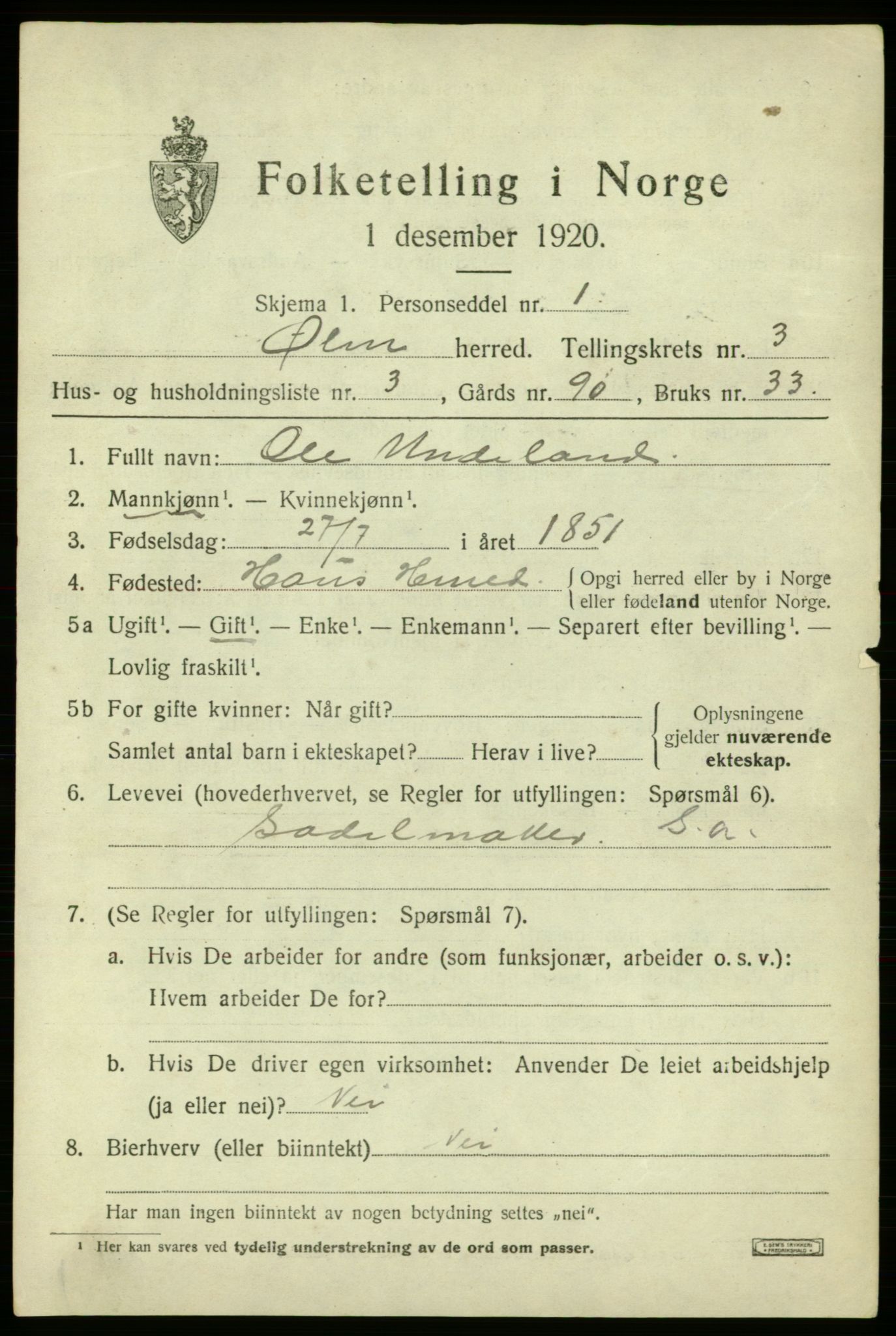 SAB, 1920 census for Ølen, 1920, p. 1561