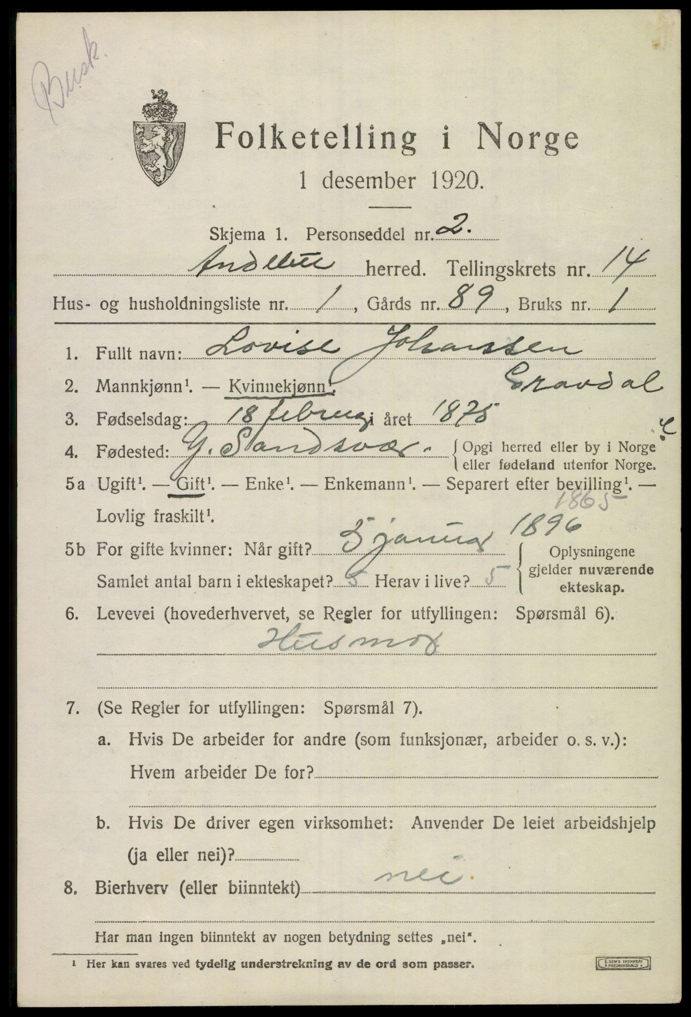 SAKO, 1920 census for Andebu, 1920, p. 5088