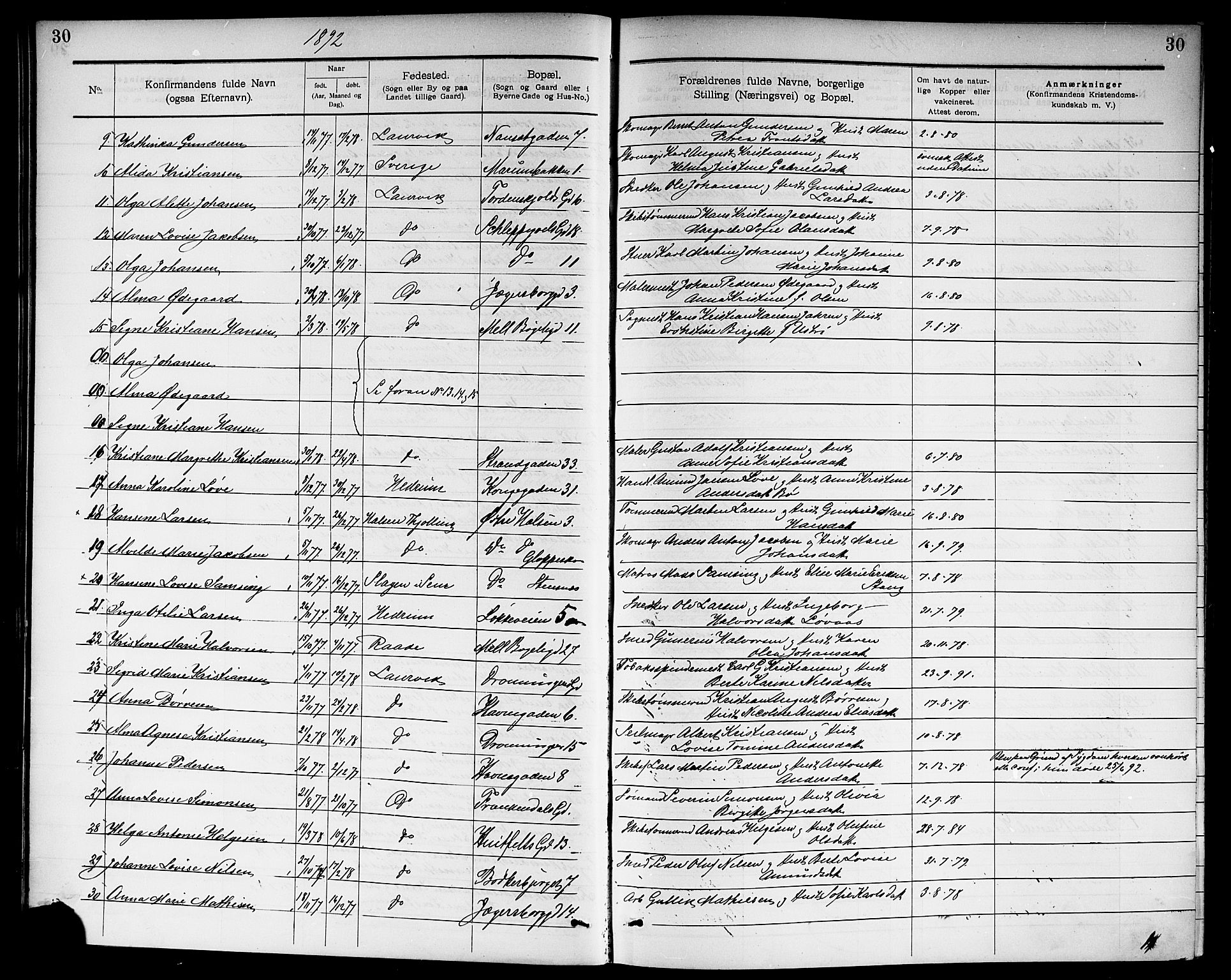 Larvik kirkebøker, SAKO/A-352/G/Ga/L0006: Parish register (copy) no. I 6, 1888-1917, p. 30