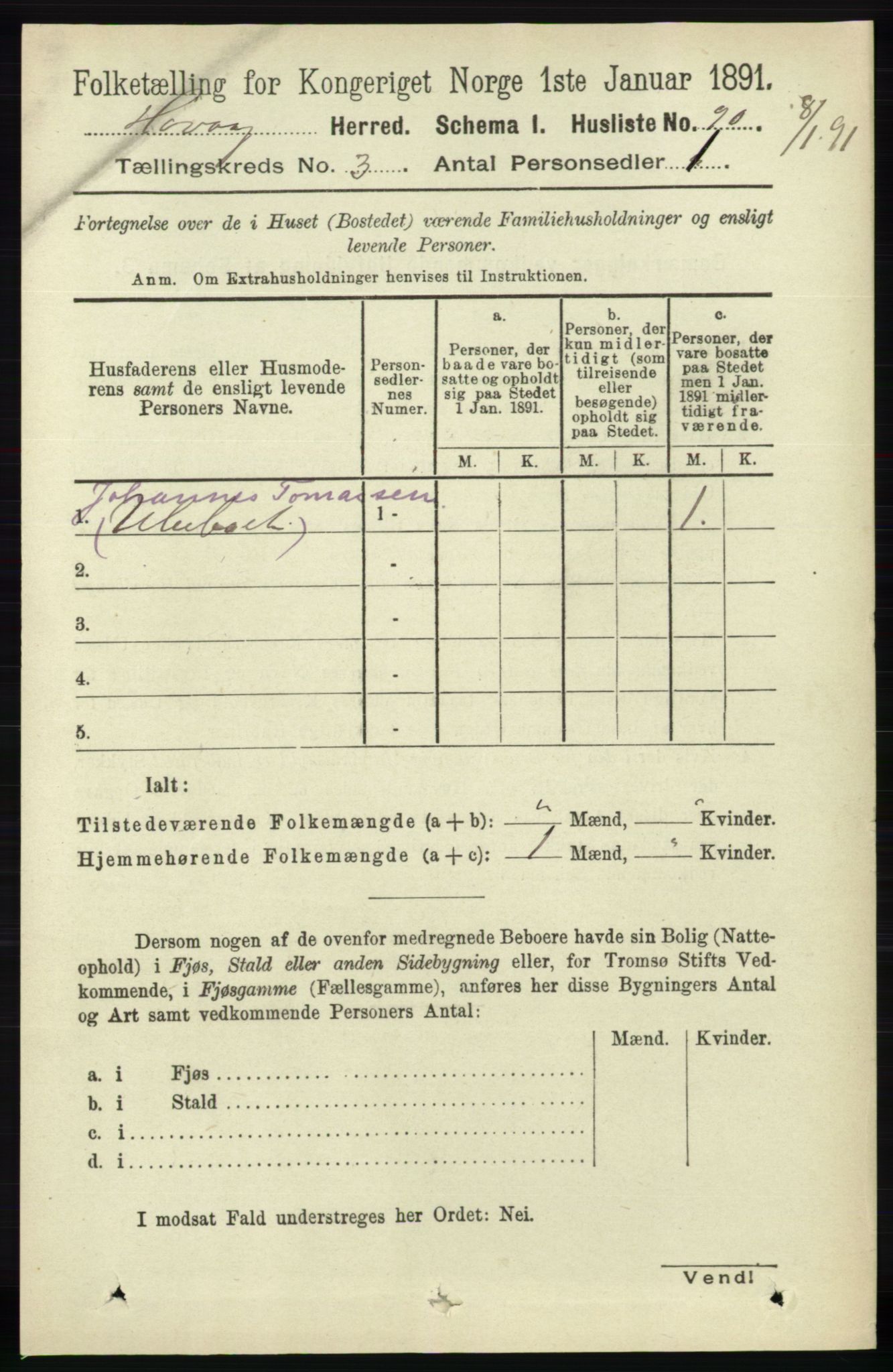 RA, 1891 census for 0927 Høvåg, 1891, p. 1008