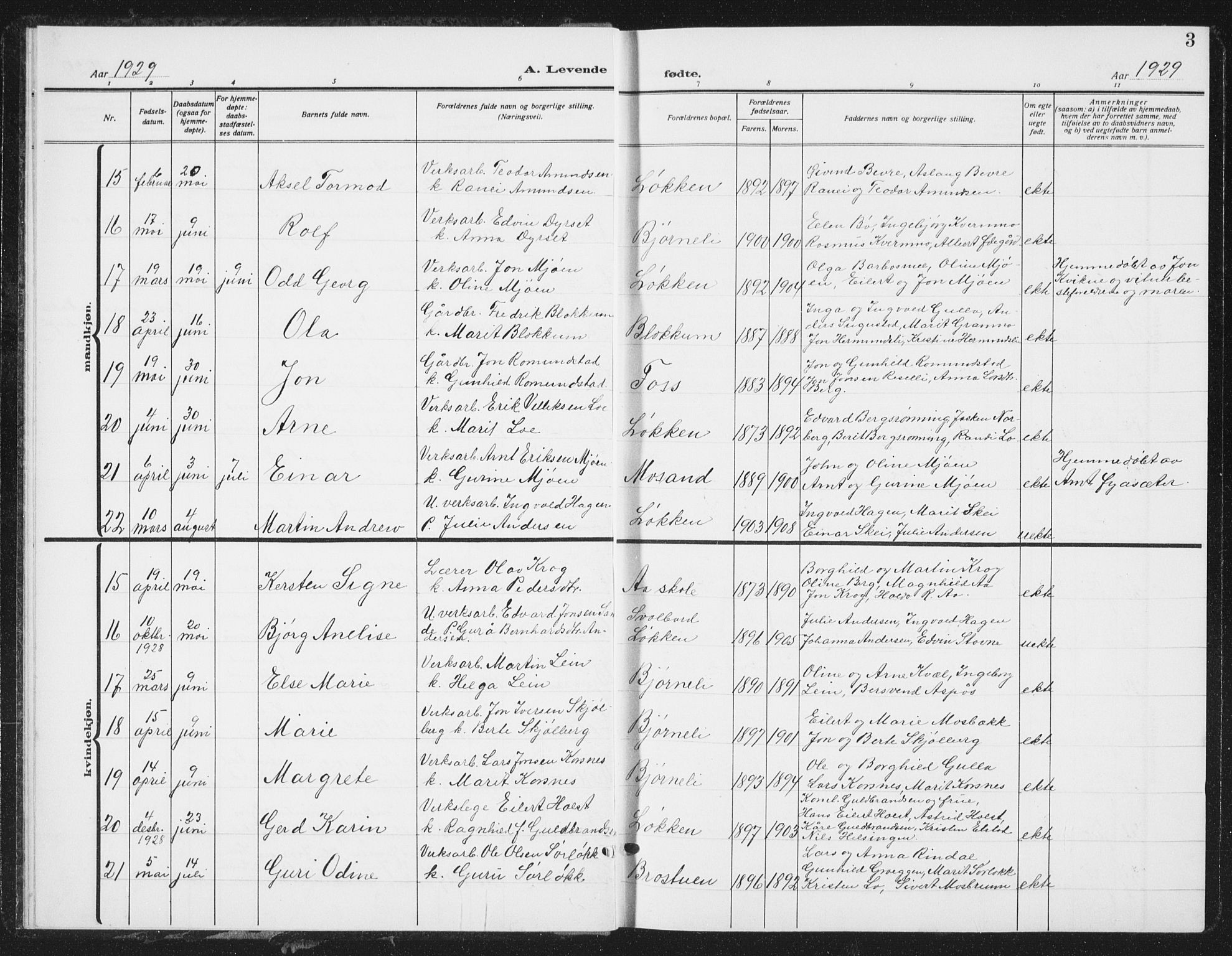 Ministerialprotokoller, klokkerbøker og fødselsregistre - Sør-Trøndelag, SAT/A-1456/672/L0866: Parish register (copy) no. 672C05, 1929-1939, p. 3