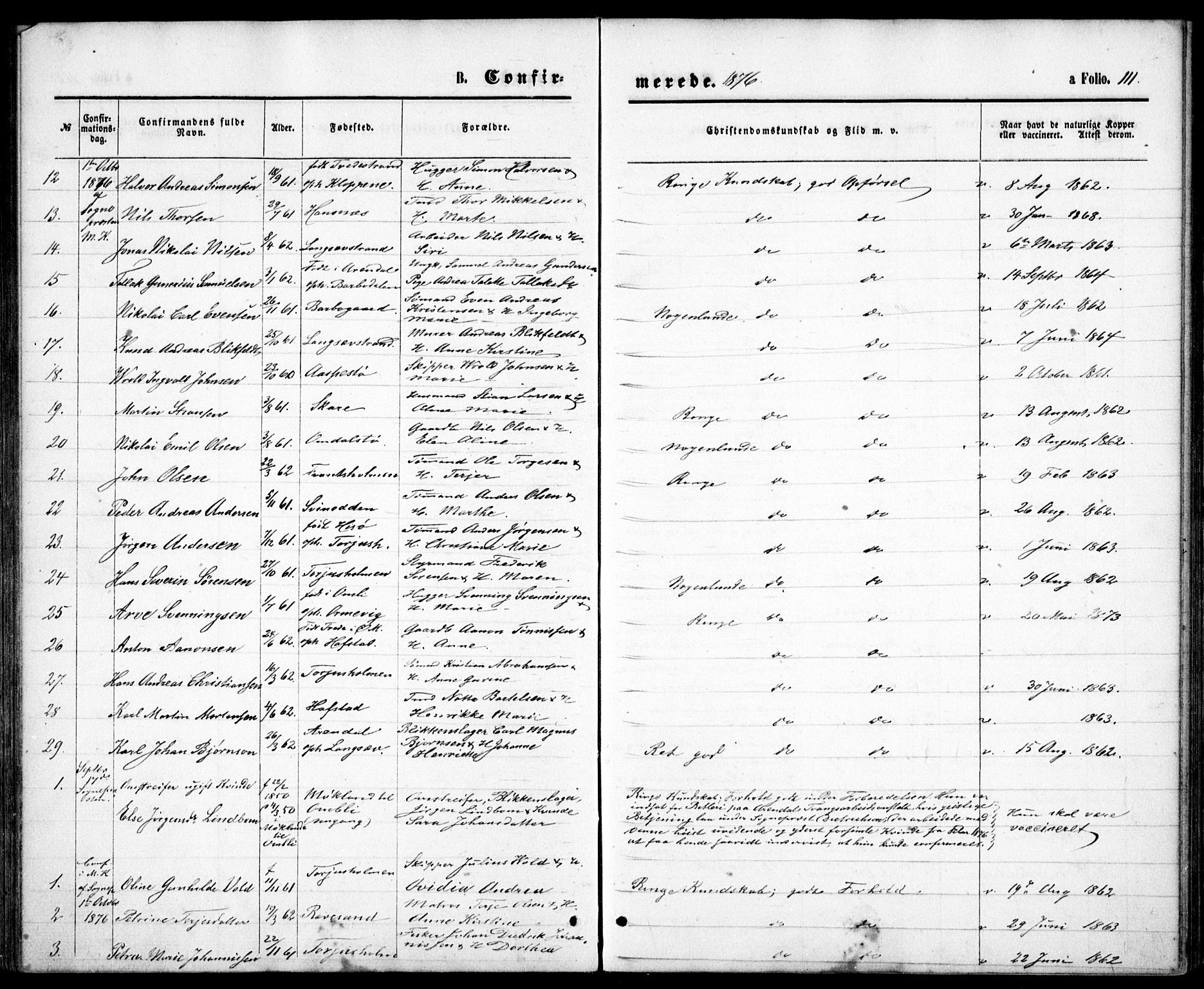 Tromøy sokneprestkontor, SAK/1111-0041/F/Fb/L0004: Parish register (copy) no. B 4, 1869-1877, p. 111