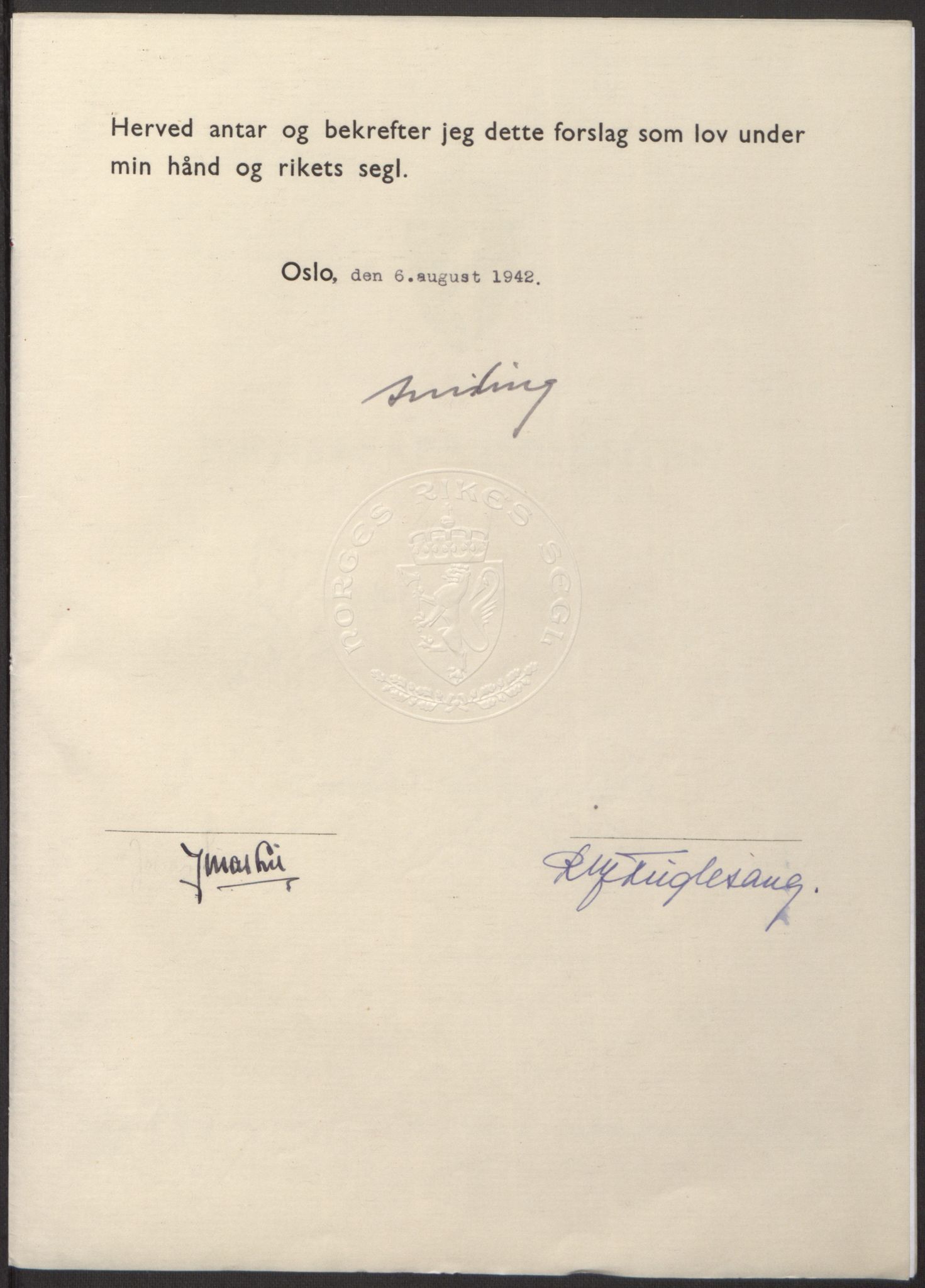 NS-administrasjonen 1940-1945 (Statsrådsekretariatet, de kommisariske statsråder mm), RA/S-4279/D/Db/L0098: Lover II, 1942, p. 265