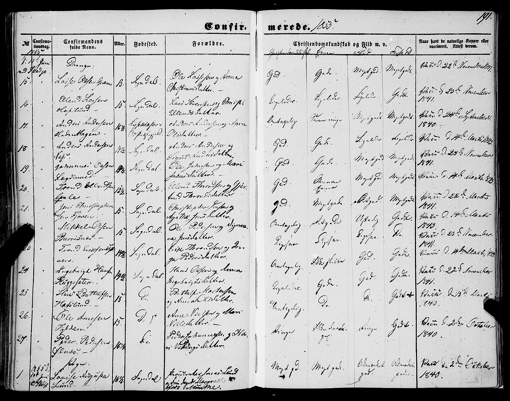 Sogndal sokneprestembete, AV/SAB-A-81301/H/Haa/Haaa/L0012I: Parish register (official) no. A 12I, 1847-1859, p. 191