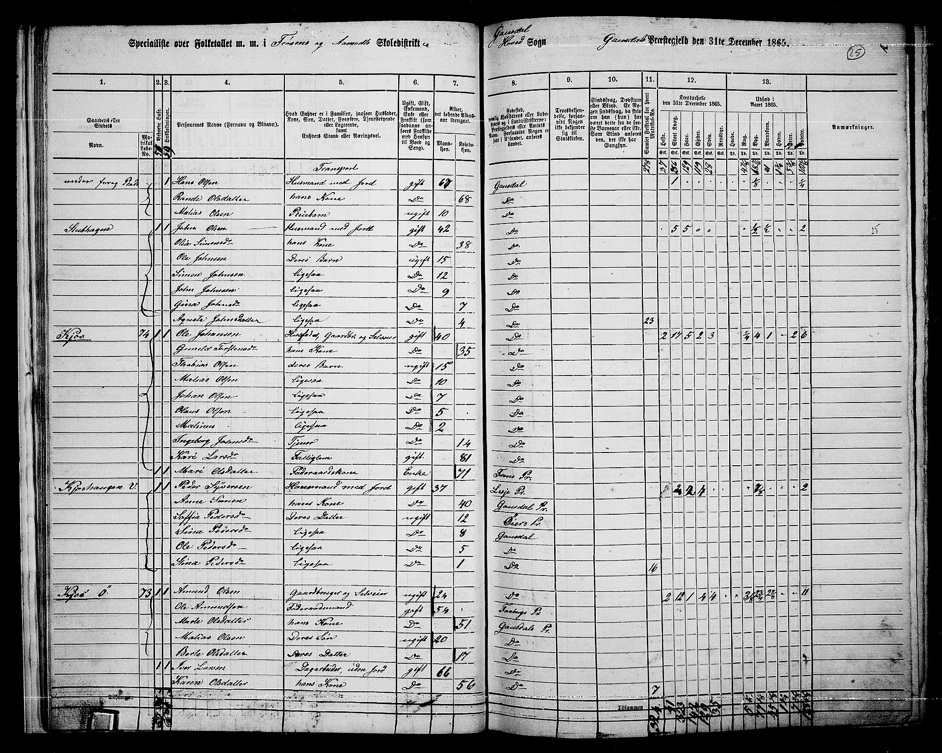 RA, 1865 census for Gausdal, 1865, p. 22