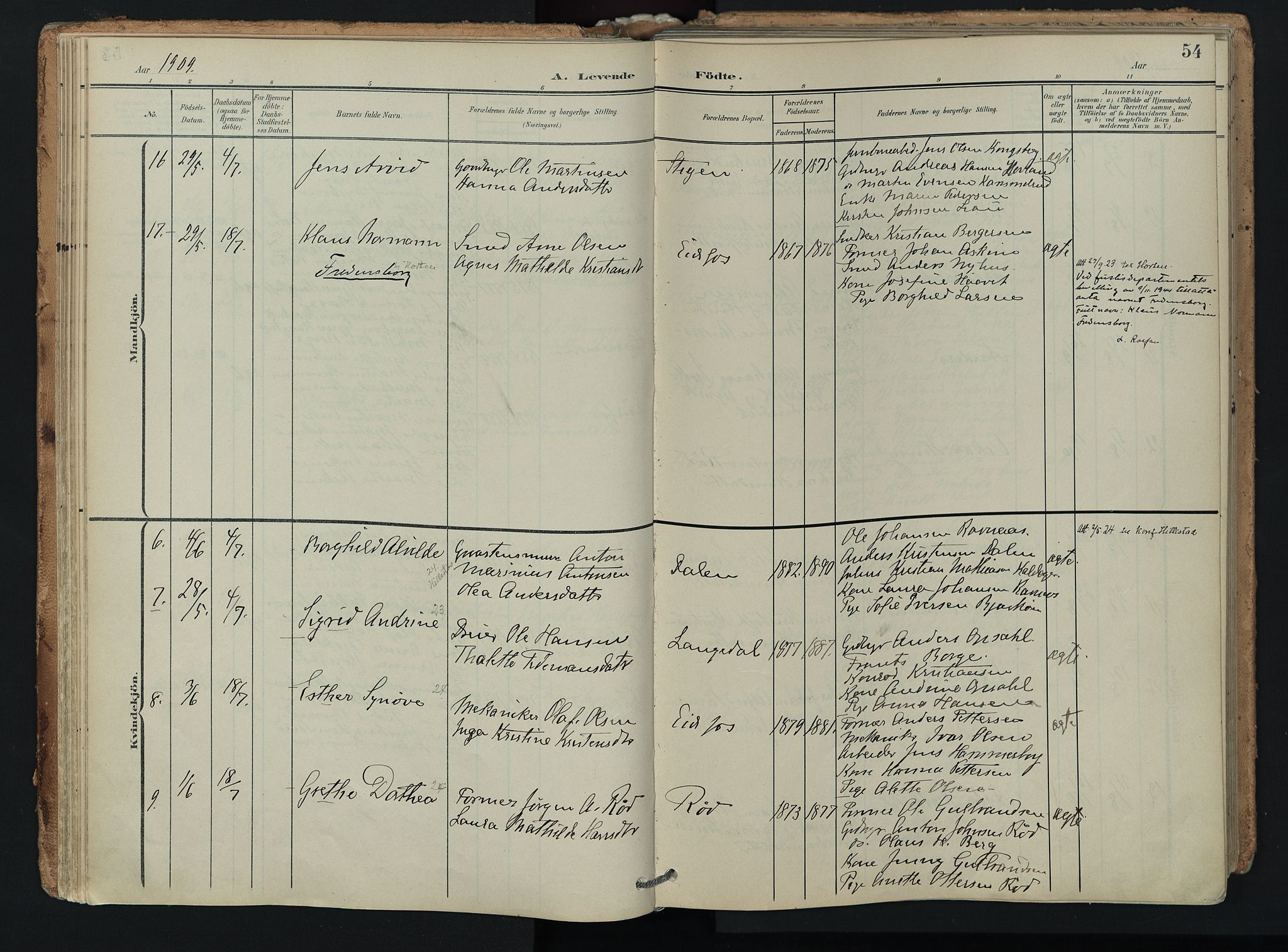 Hof kirkebøker, AV/SAKO-A-64/F/Fa/L0008: Parish register (official) no. I 8, 1902-1921, p. 54