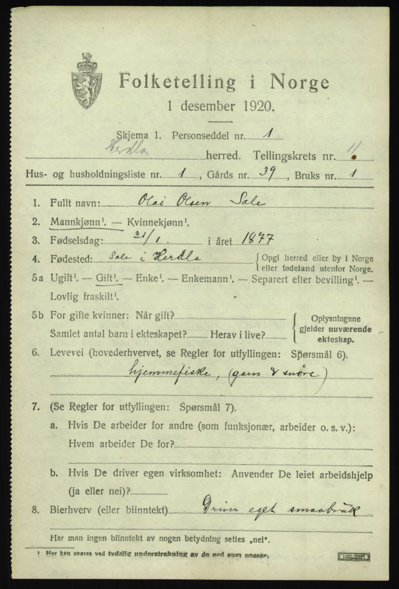 SAB, 1920 census for Herdla, 1920, p. 7527