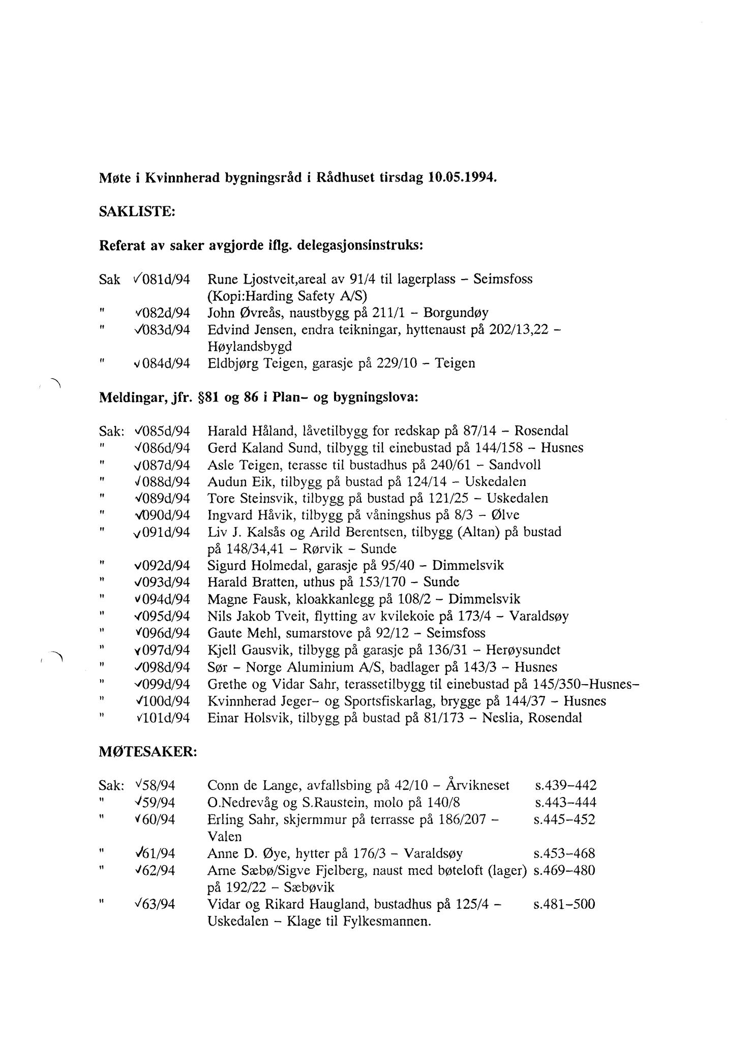 Kvinnherad kommune. Bygningsrådet , IKAH/1224-511/A/Aa/L0088: Møtebok for Kvinnherad bygningsråd, 1994