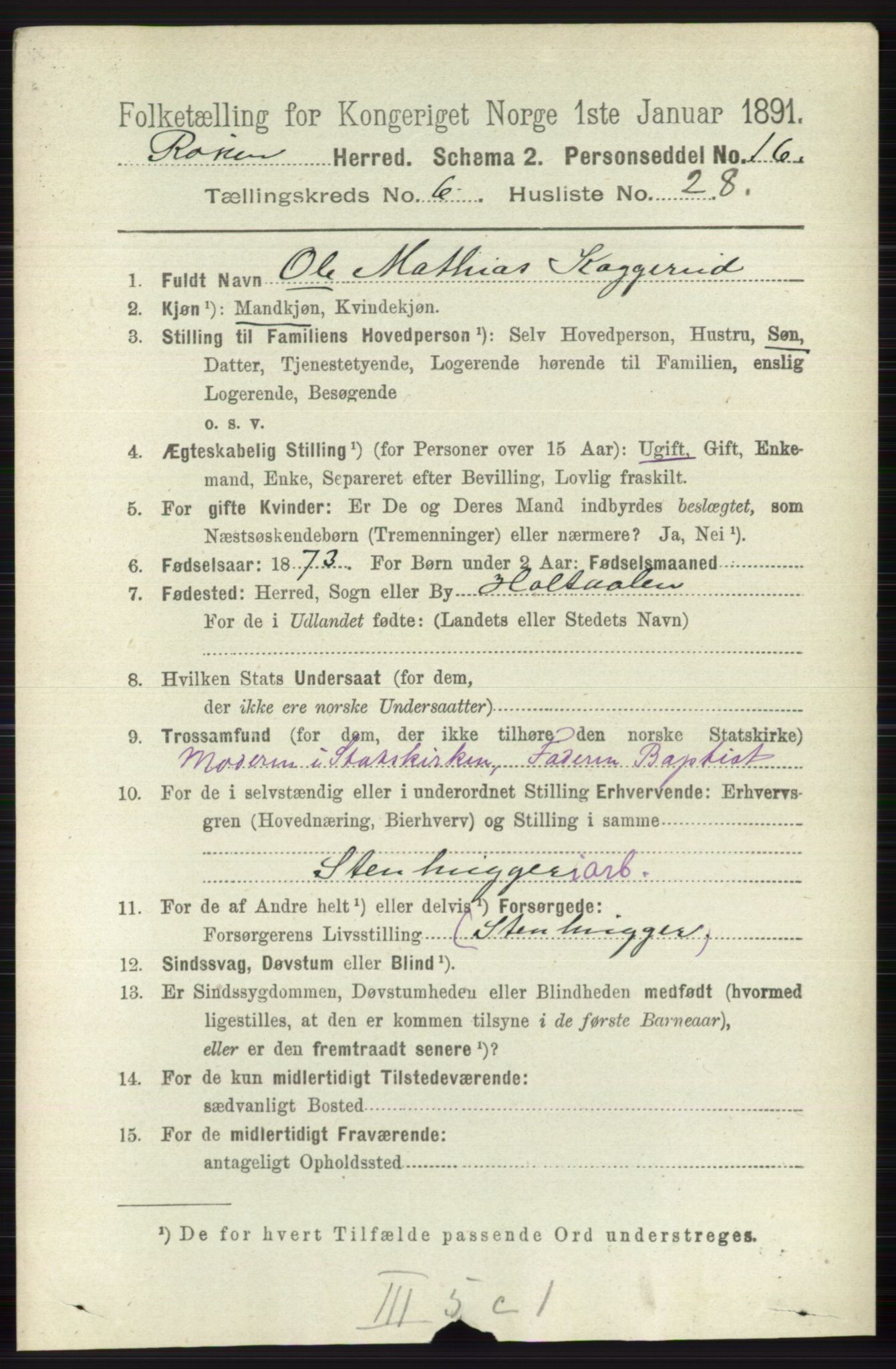 RA, 1891 census for 0627 Røyken, 1891, p. 3792