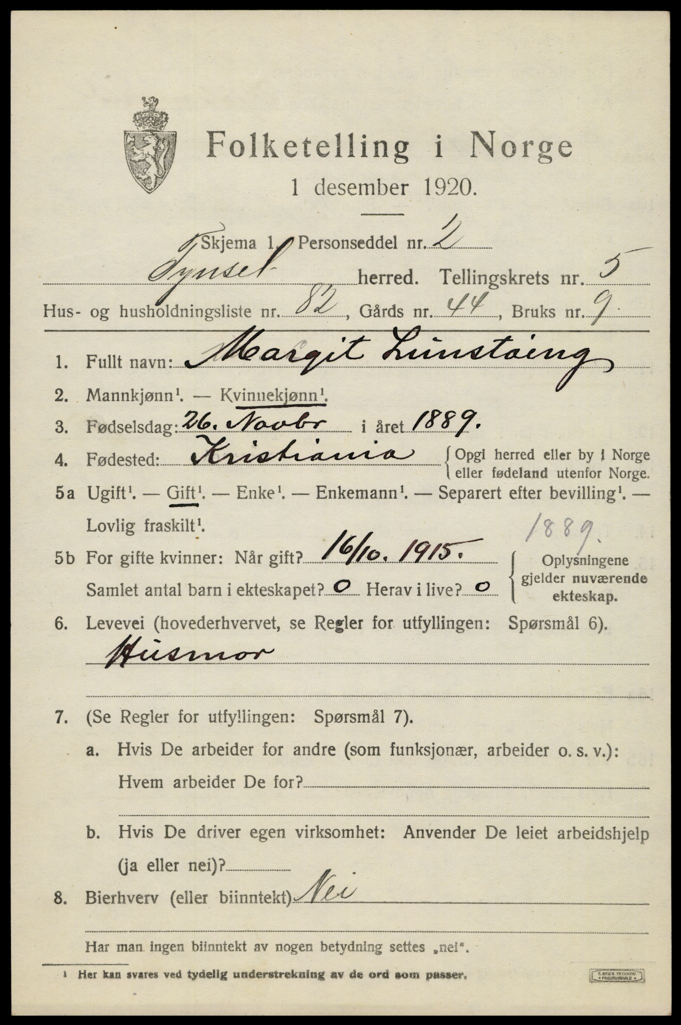 SAH, 1920 census for Tynset, 1920, p. 5482