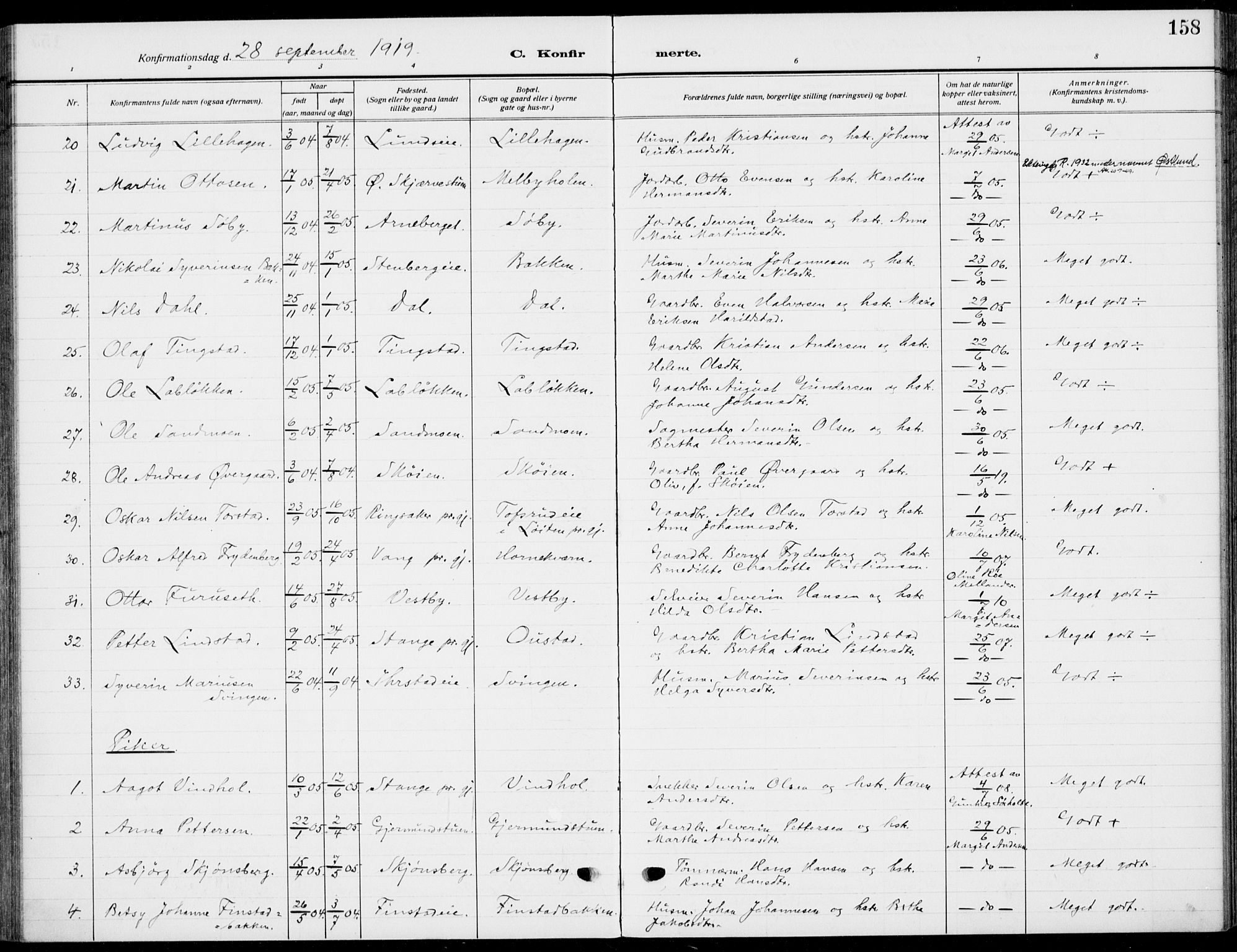 Romedal prestekontor, AV/SAH-PREST-004/K/L0012: Parish register (official) no. 12, 1913-1935, p. 158