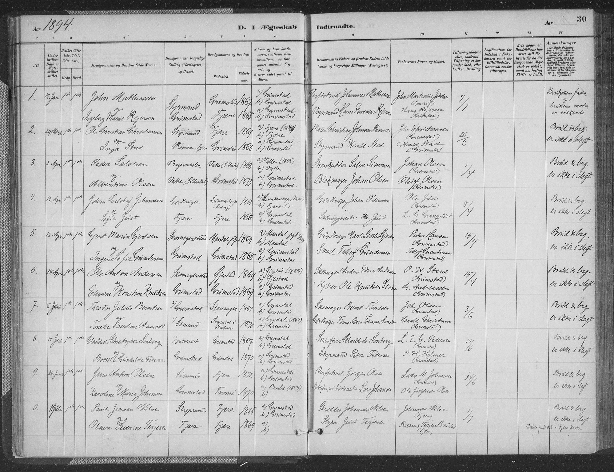 Grimstad sokneprestkontor, AV/SAK-1111-0017/F/Fa/L0004: Parish register (official) no. A 3, 1882-1910, p. 30