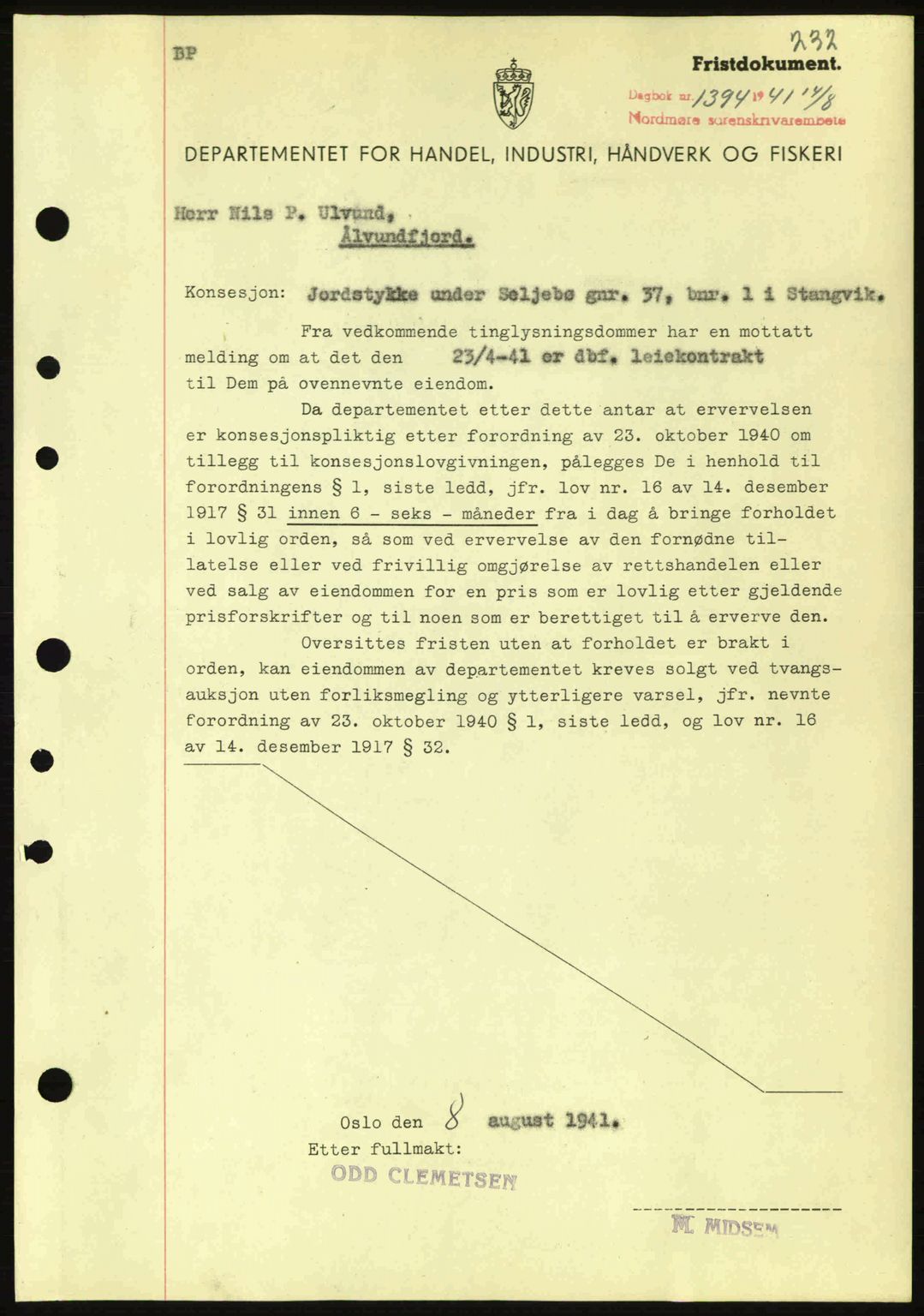 Nordmøre sorenskriveri, AV/SAT-A-4132/1/2/2Ca: Mortgage book no. B88, 1941-1942, Diary no: : 1394/1941