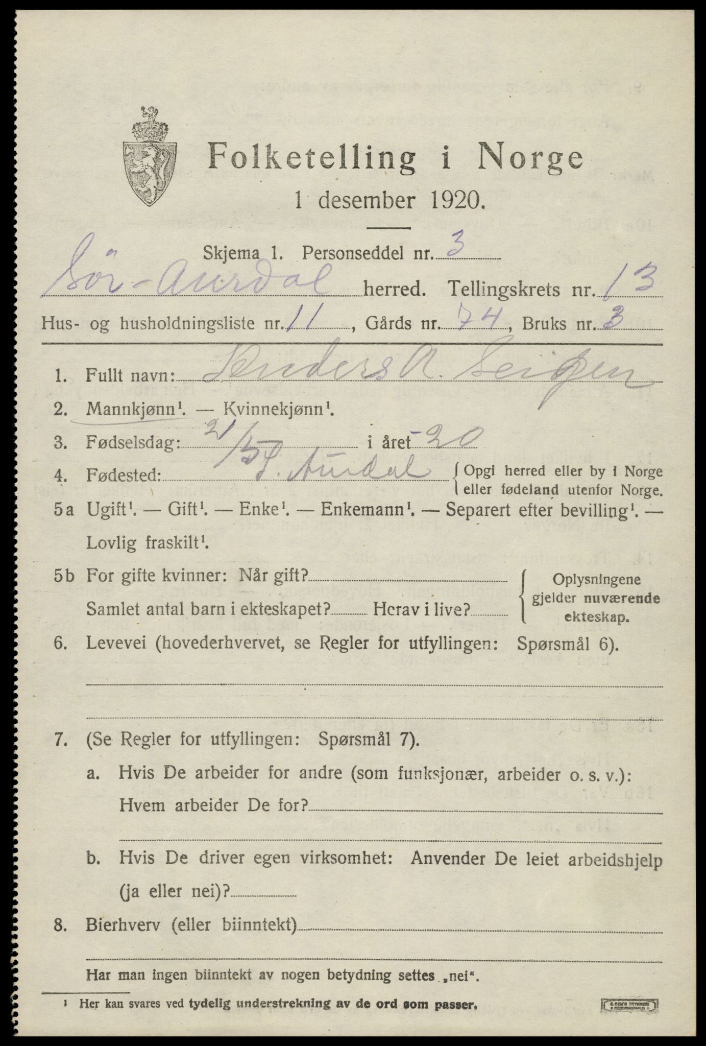 SAH, 1920 census for Sør-Aurdal, 1920, p. 7807