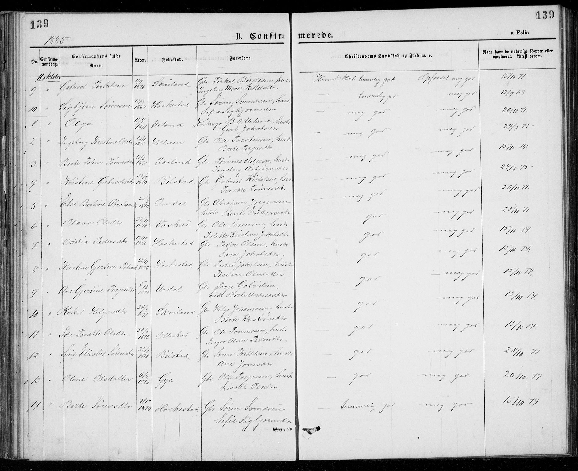 Lund sokneprestkontor, SAST/A-101809/S07/L0005: Parish register (copy) no. B 5, 1875-1889, p. 139