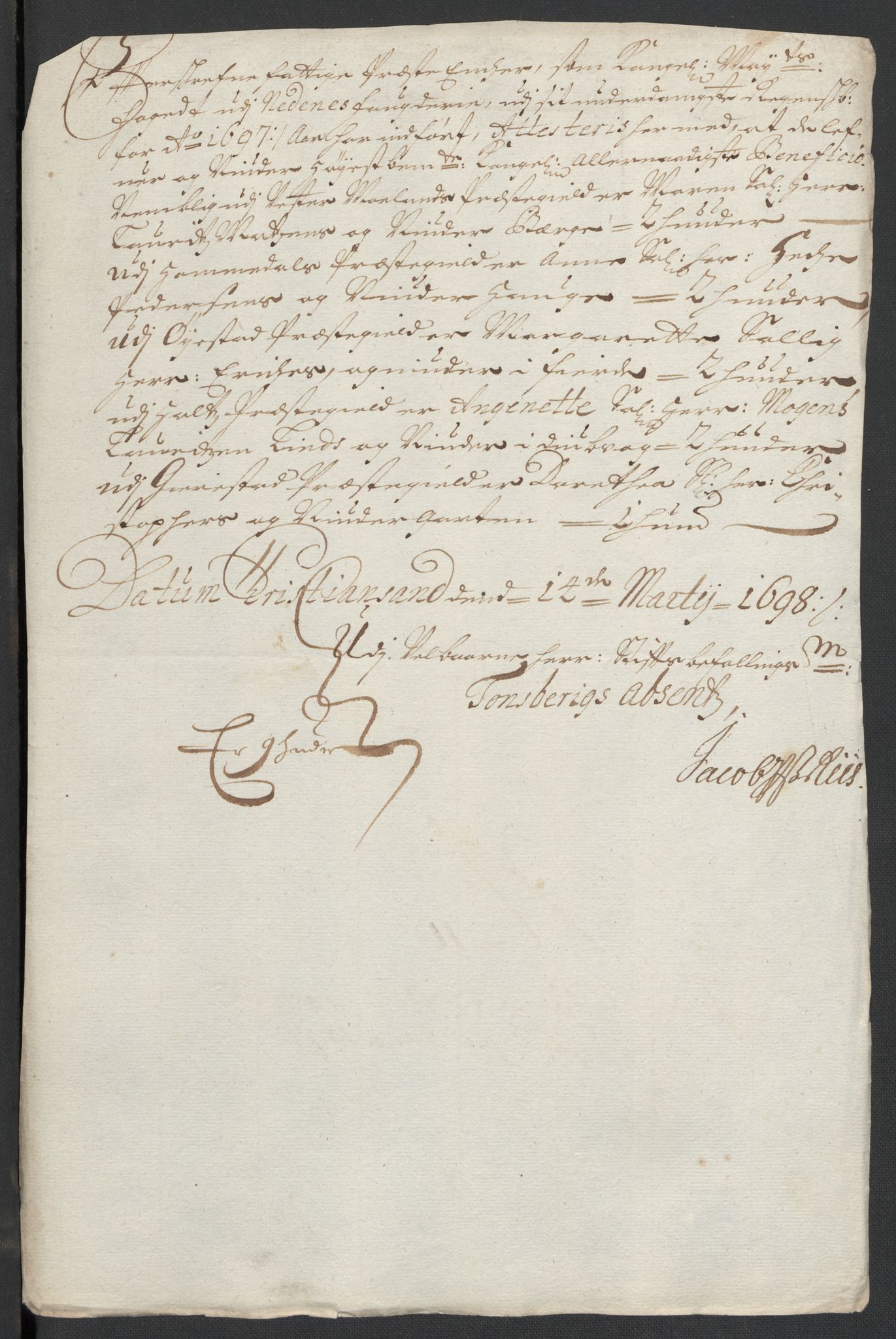 Rentekammeret inntil 1814, Reviderte regnskaper, Fogderegnskap, RA/EA-4092/R39/L2313: Fogderegnskap Nedenes, 1696-1697, p. 170