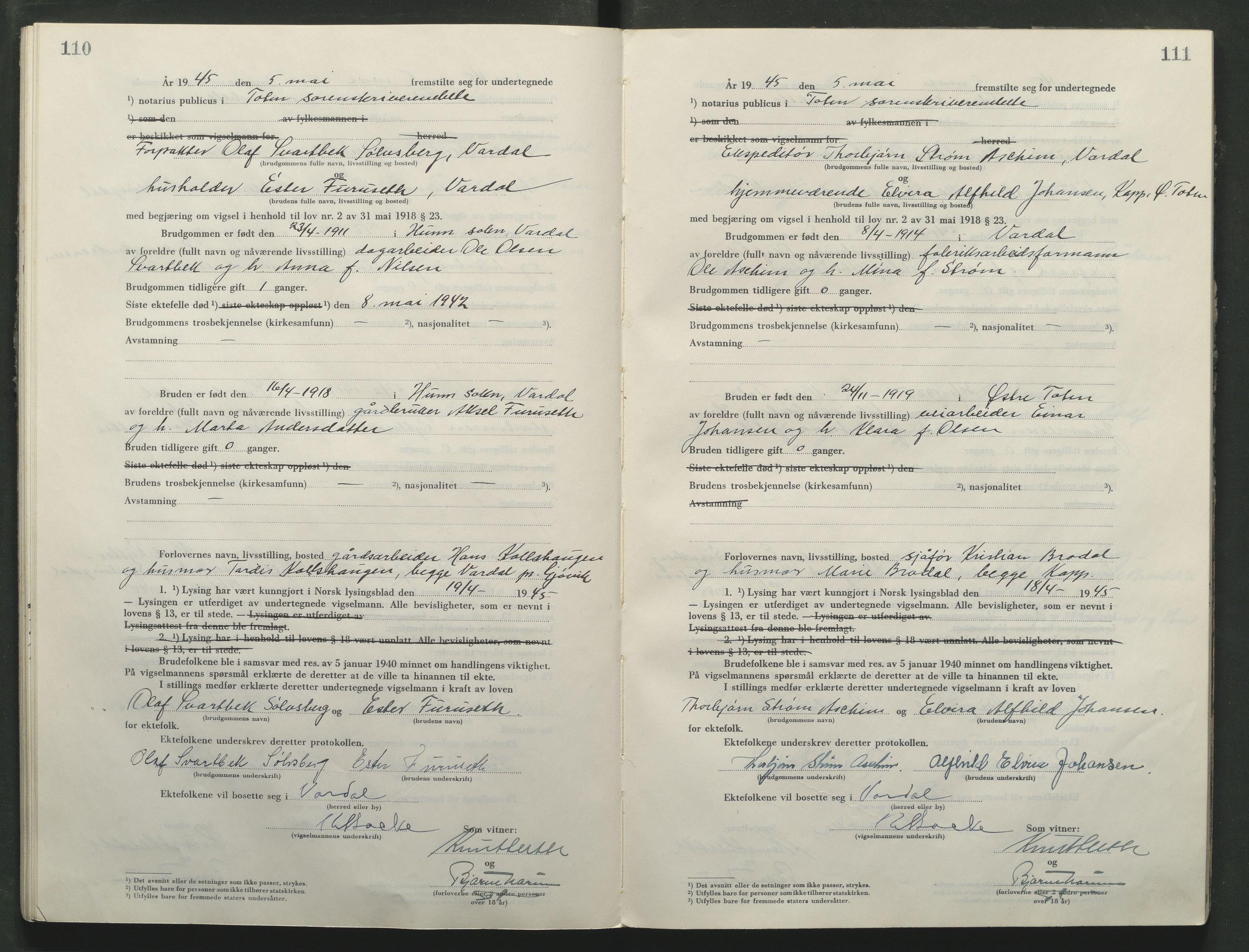 Toten tingrett, AV/SAH-TING-006/L/Lc/L0005: Vigselbok, 1944-1948, p. 110-111