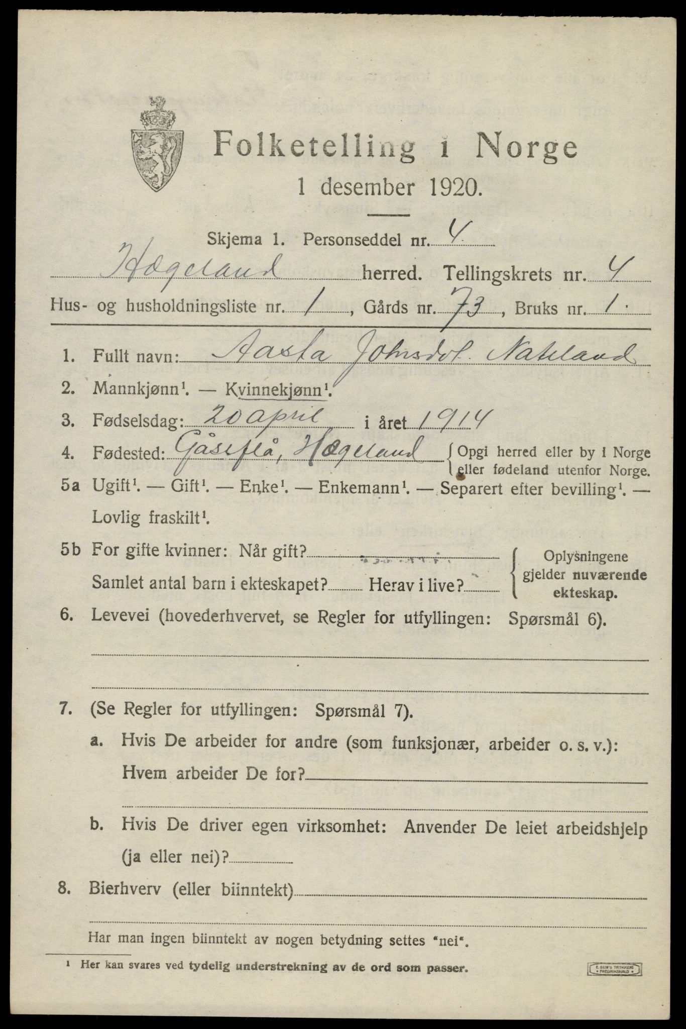 SAK, 1920 census for Hægeland, 1920, p. 1373