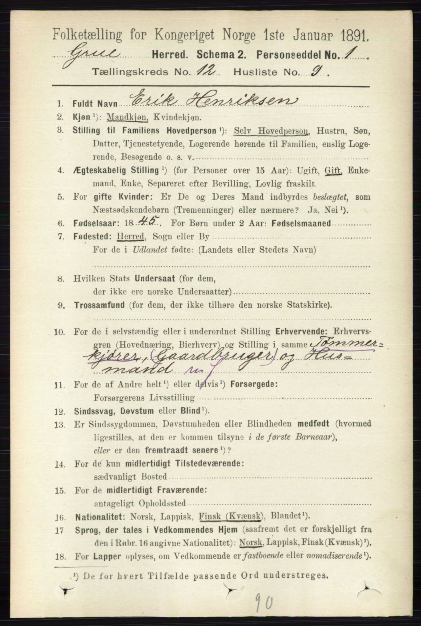 RA, 1891 census for 0423 Grue, 1891, p. 6167