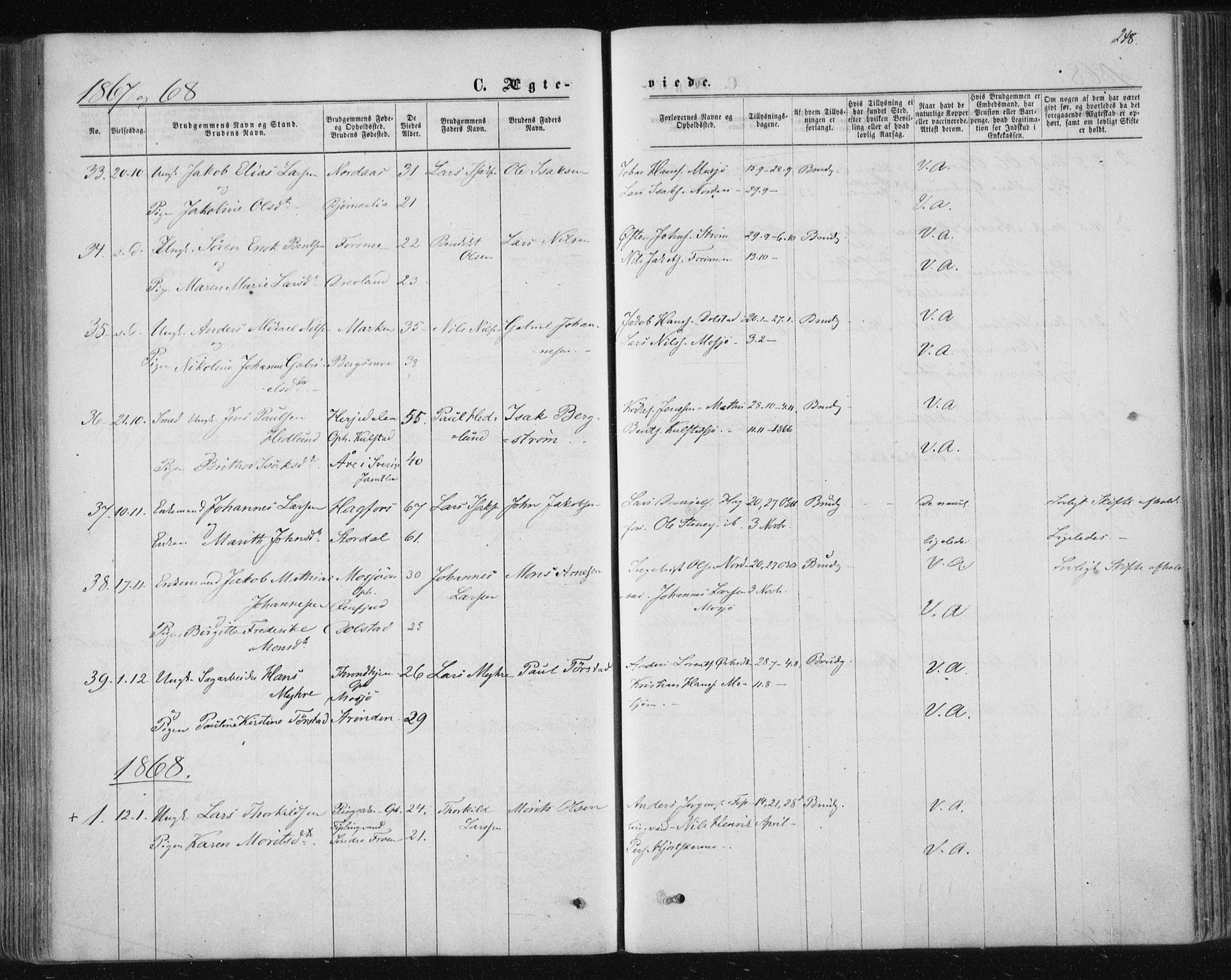 Ministerialprotokoller, klokkerbøker og fødselsregistre - Nordland, SAT/A-1459/820/L0294: Parish register (official) no. 820A15, 1866-1879, p. 248