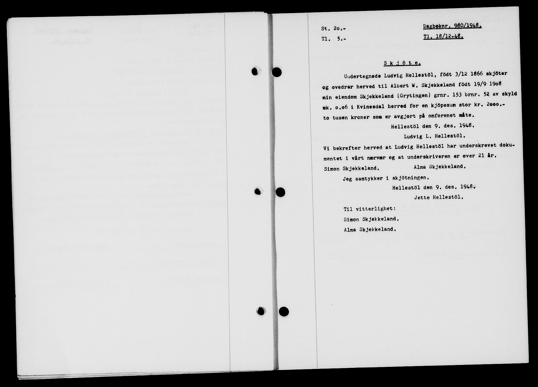 Flekkefjord sorenskriveri, SAK/1221-0001/G/Gb/Gba/L0064: Mortgage book no. A-12, 1948-1949, Diary no: : 980/1948