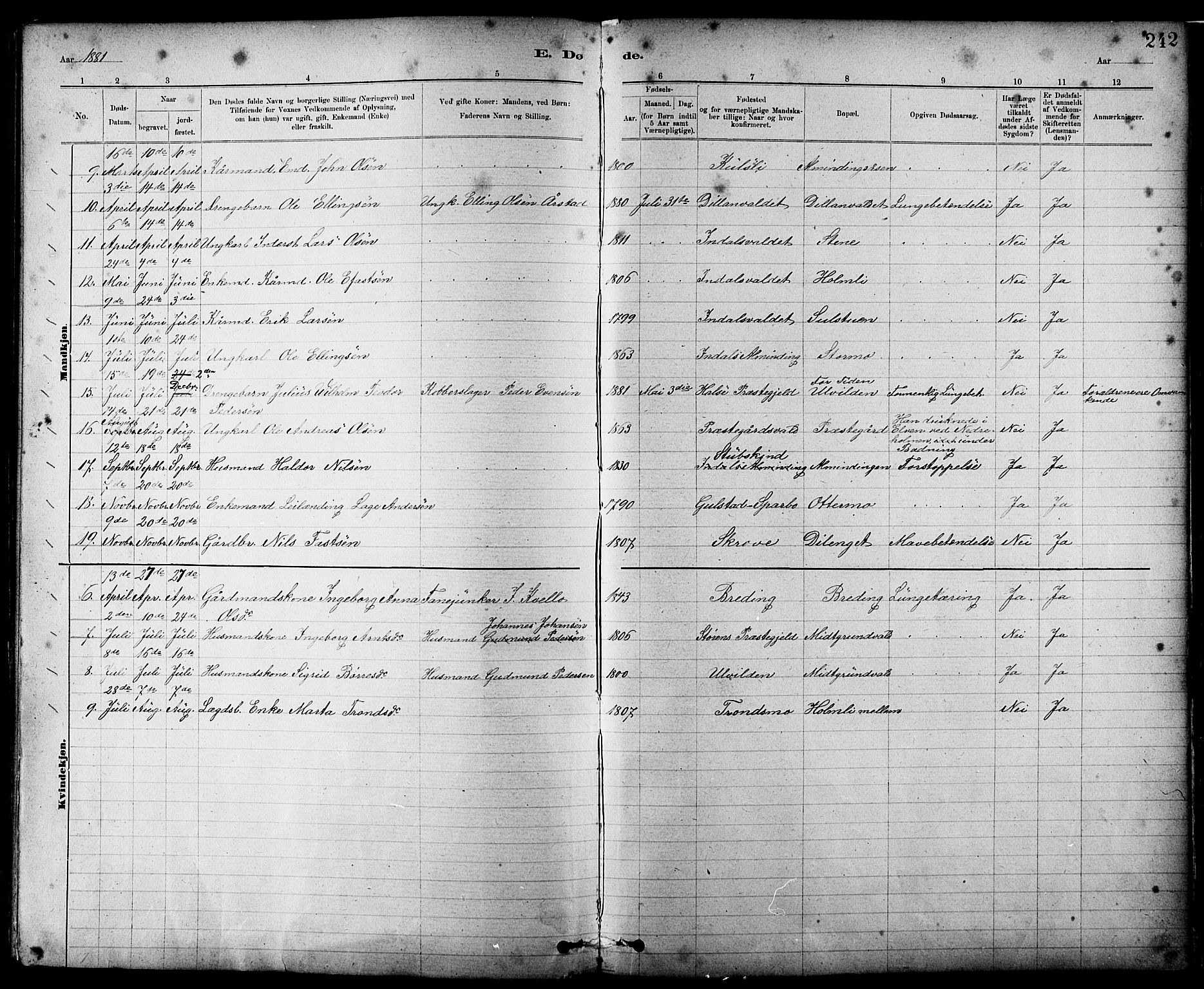 Ministerialprotokoller, klokkerbøker og fødselsregistre - Nord-Trøndelag, AV/SAT-A-1458/724/L0267: Parish register (copy) no. 724C03, 1879-1898, p. 242