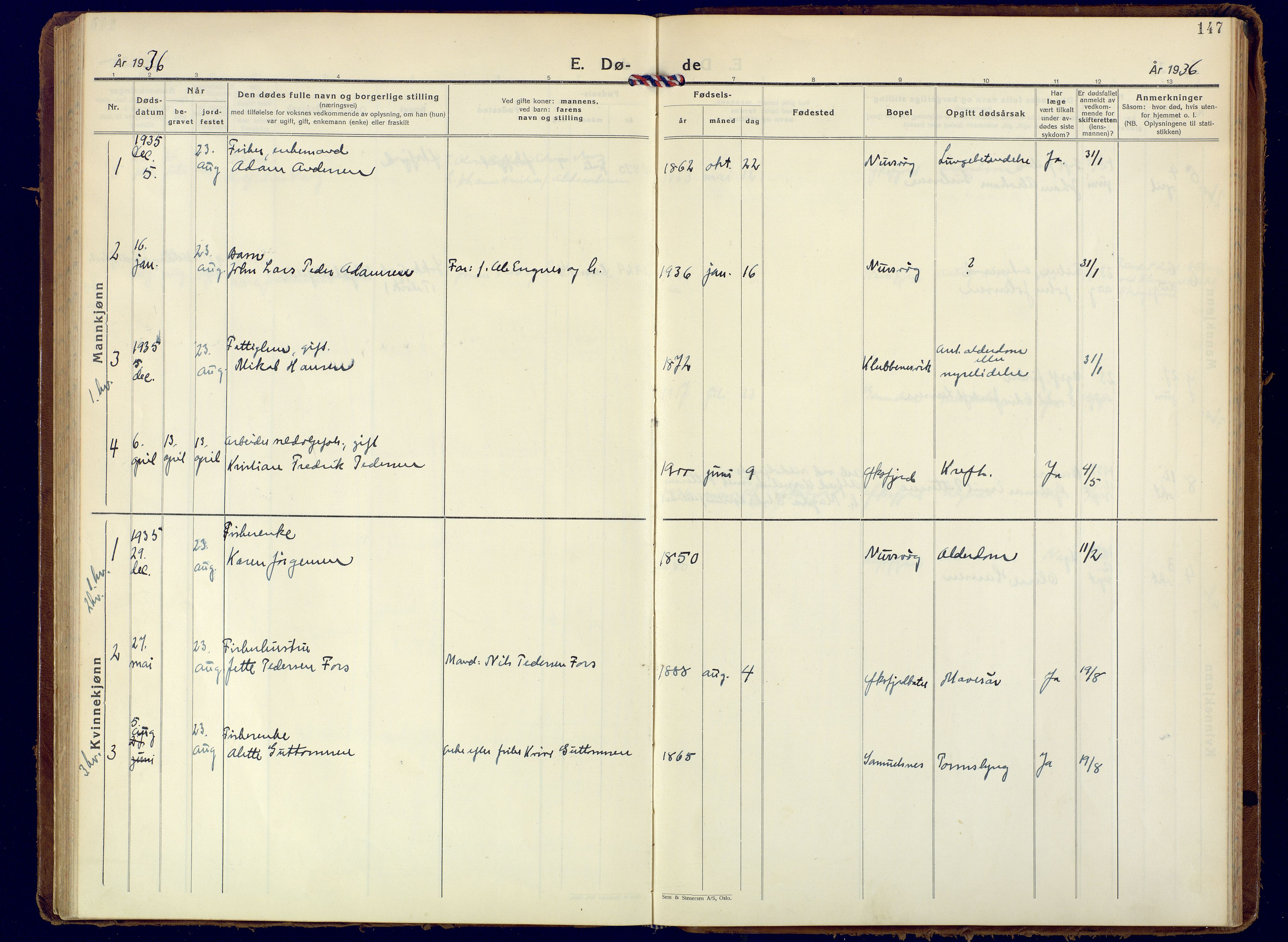 Loppa sokneprestkontor, AV/SATØ-S-1339/H/Ha/L0015kirke: Parish register (official) no. 15, 1933-1941, p. 147