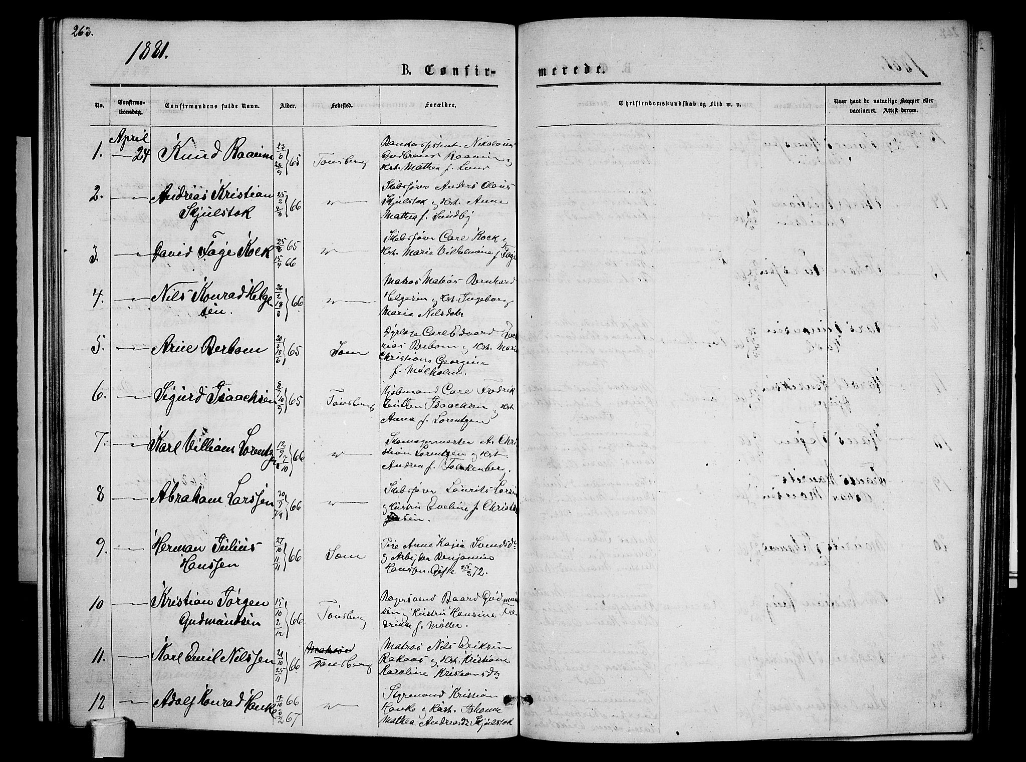 Tønsberg kirkebøker, AV/SAKO-A-330/G/Ga/L0005: Parish register (copy) no. 5, 1875-1885, p. 263