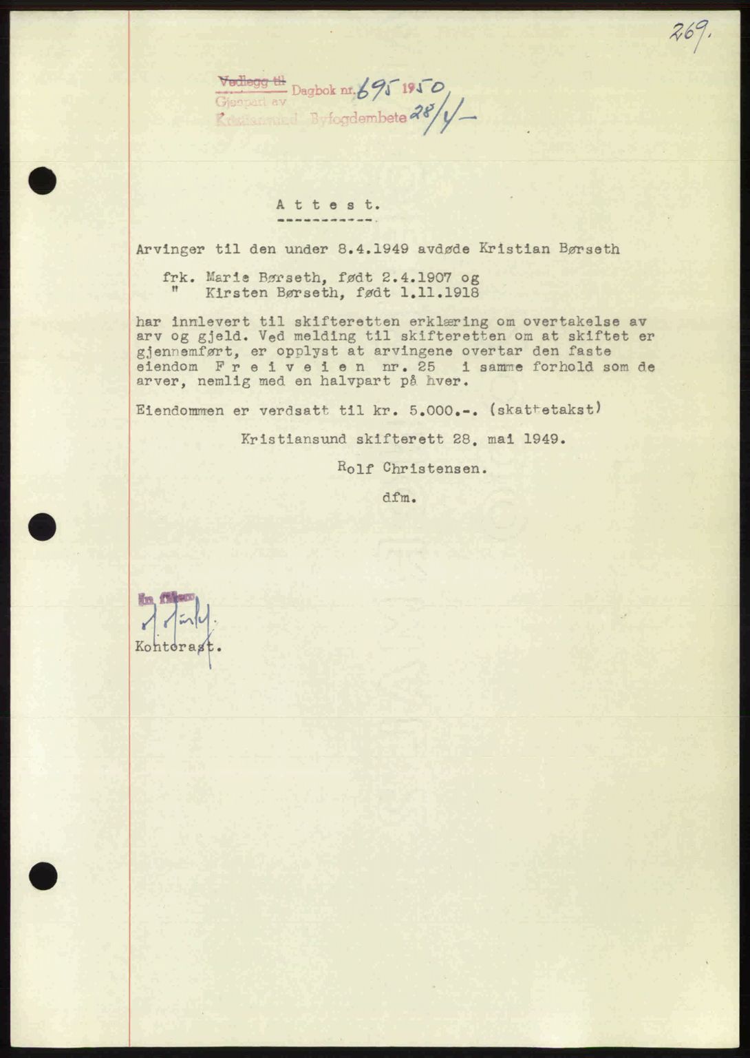 Kristiansund byfogd, AV/SAT-A-4587/A/27: Mortgage book no. 46, 1949-1950, Diary no: : 695/1950