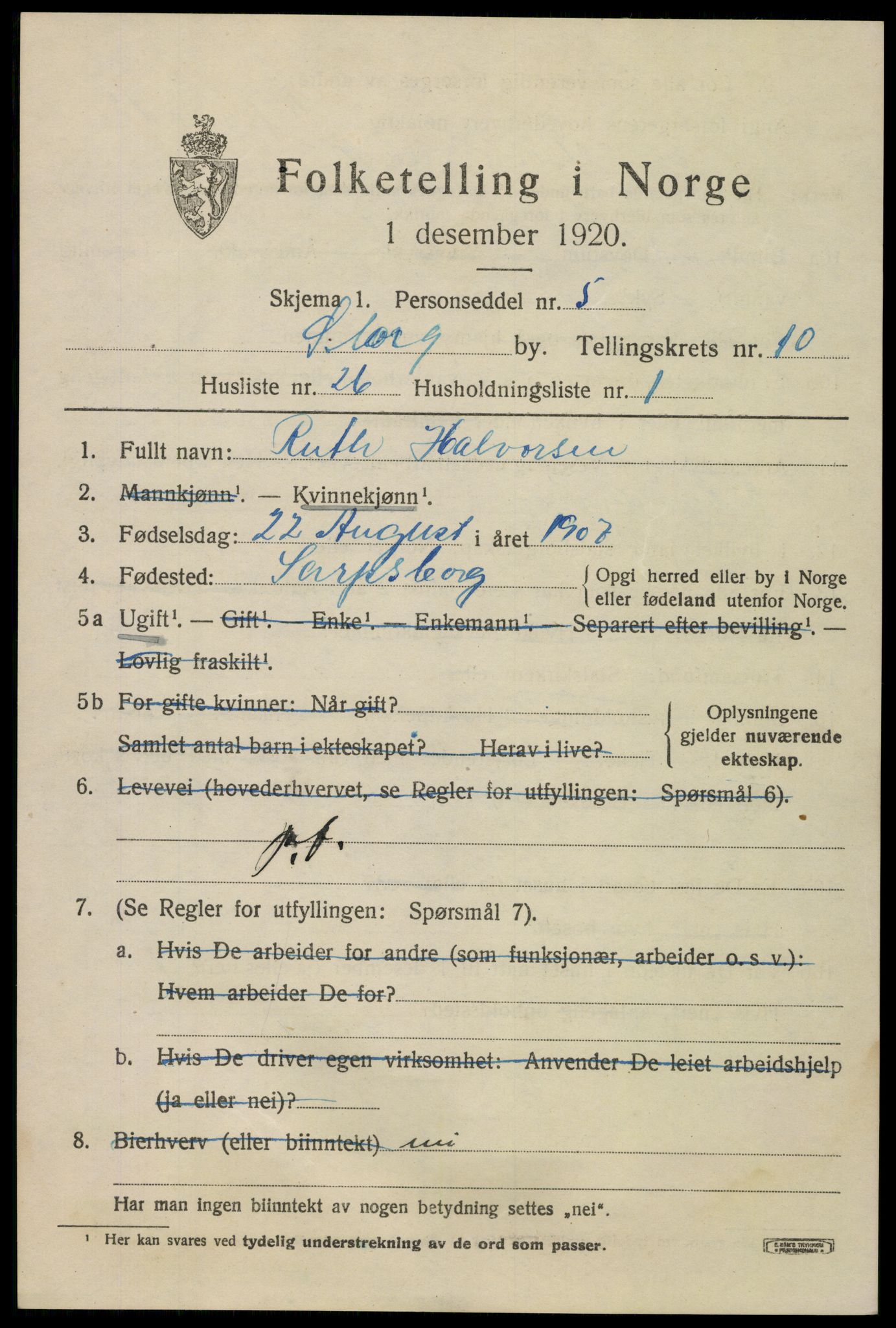 SAO, 1920 census for Sarpsborg, 1920, p. 21372