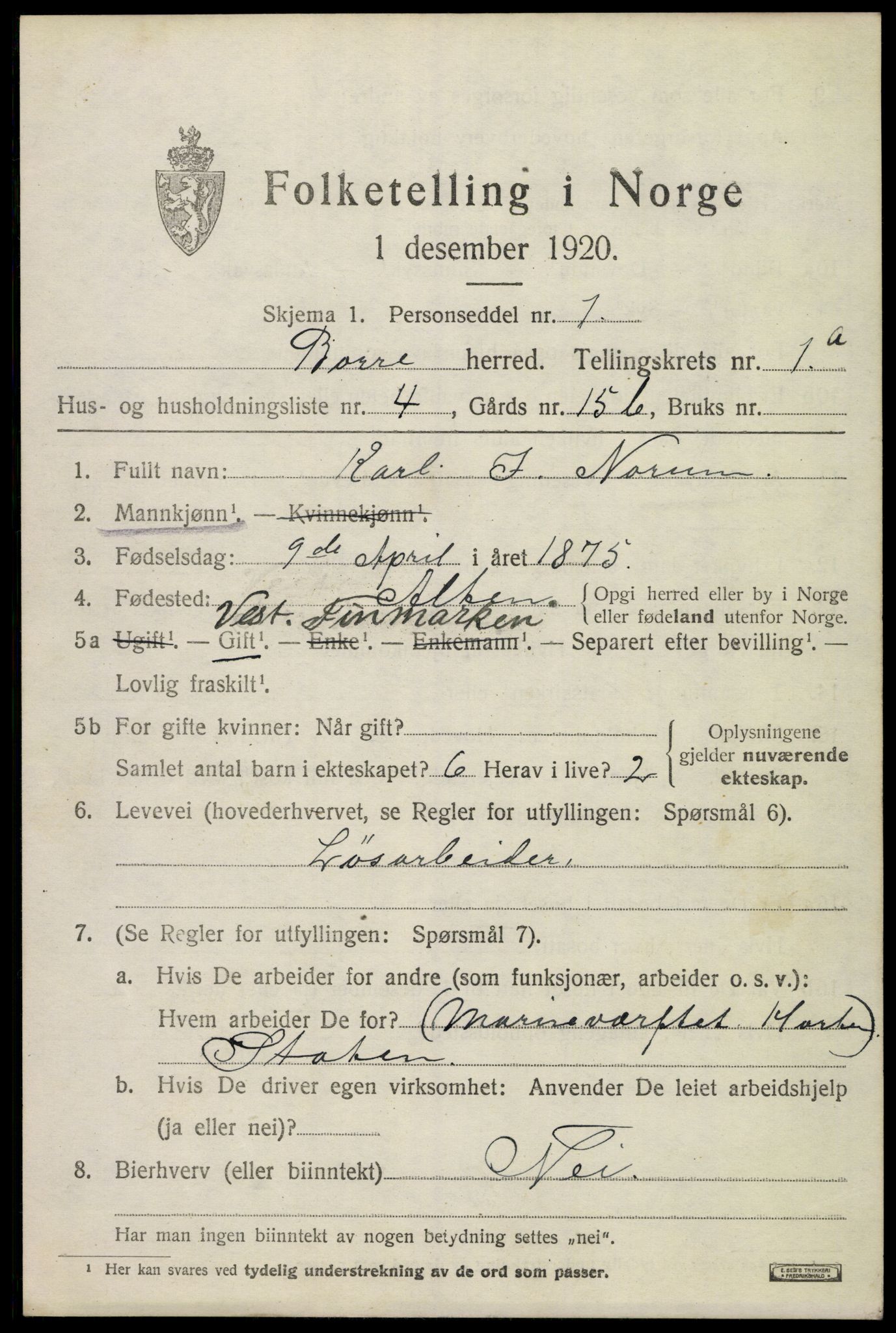 SAKO, 1920 census for Borre, 1920, p. 1438