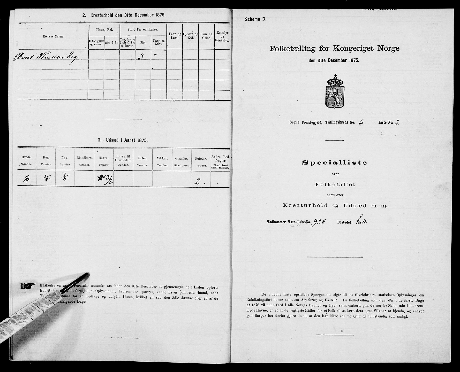 SAK, 1875 census for 1018P Søgne, 1875, p. 476