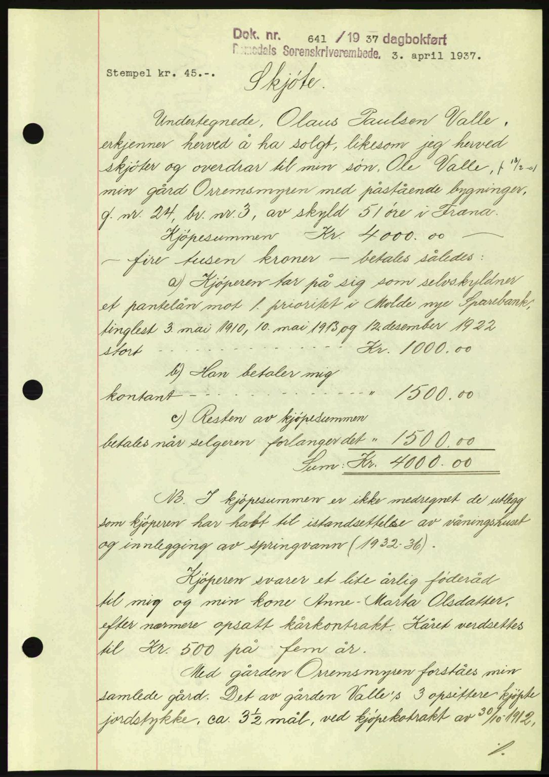 Romsdal sorenskriveri, SAT/A-4149/1/2/2C: Mortgage book no. A3, 1937-1937, Diary no: : 641/1937