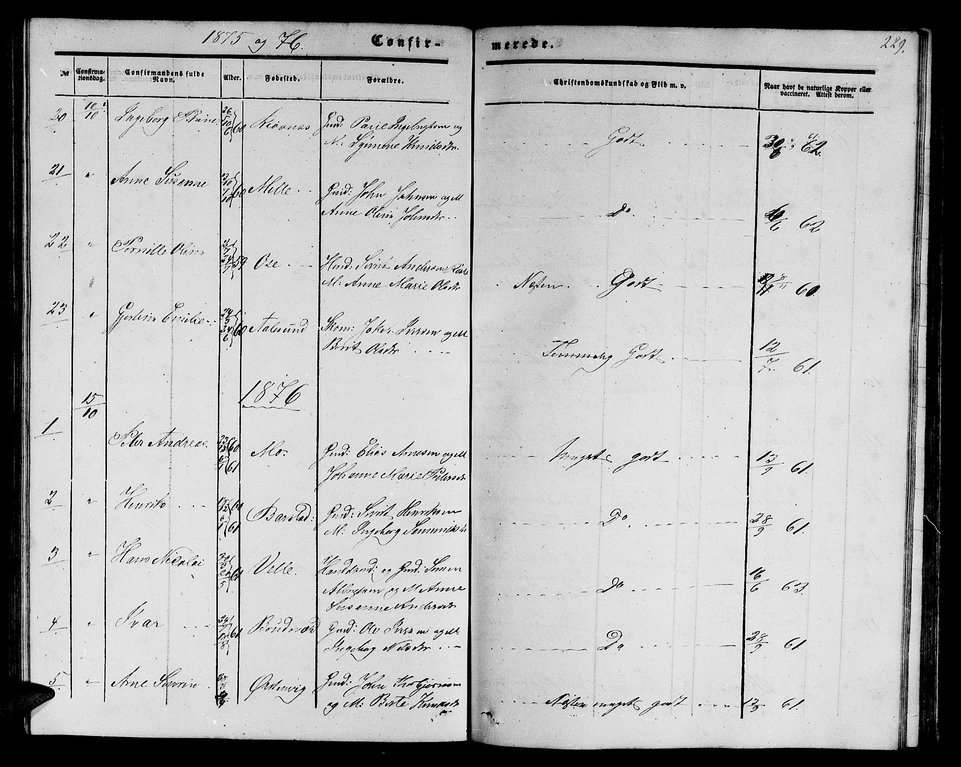 Ministerialprotokoller, klokkerbøker og fødselsregistre - Møre og Romsdal, AV/SAT-A-1454/513/L0188: Parish register (copy) no. 513C02, 1865-1882, p. 229