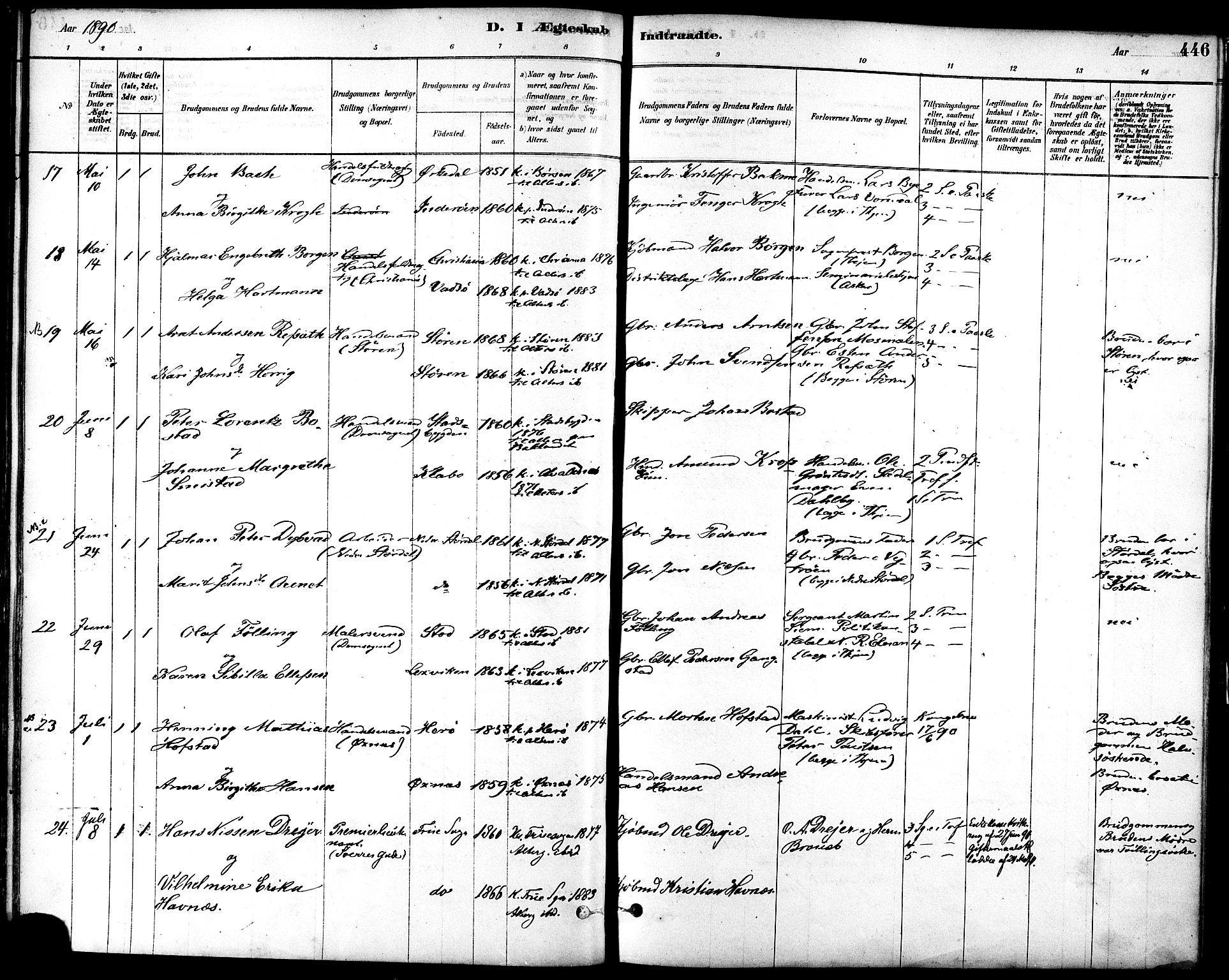 Ministerialprotokoller, klokkerbøker og fødselsregistre - Sør-Trøndelag, AV/SAT-A-1456/601/L0058: Parish register (official) no. 601A26, 1877-1891, p. 446