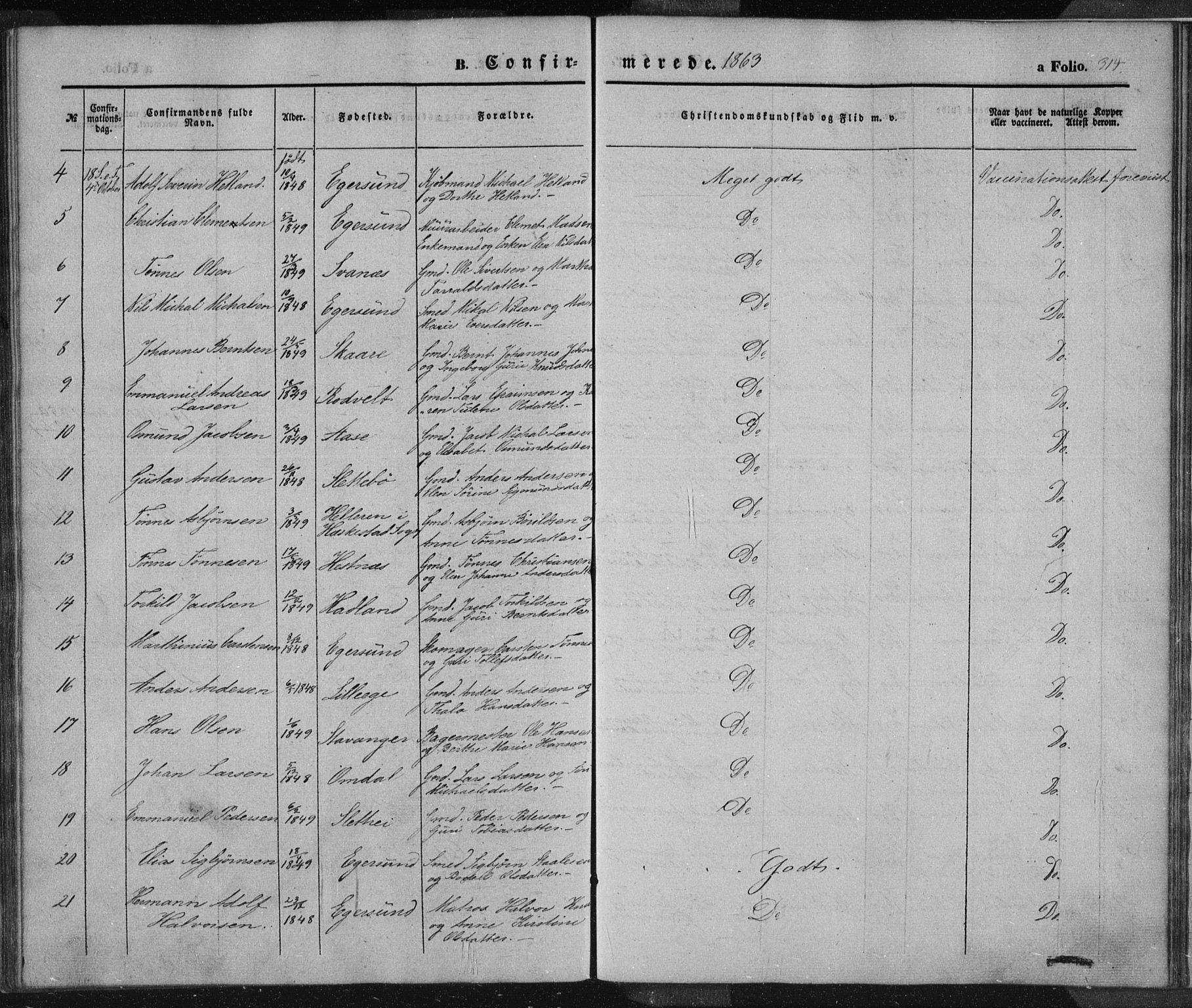 Eigersund sokneprestkontor, AV/SAST-A-101807/S08/L0012: Parish register (official) no. A 12.1, 1850-1865, p. 314