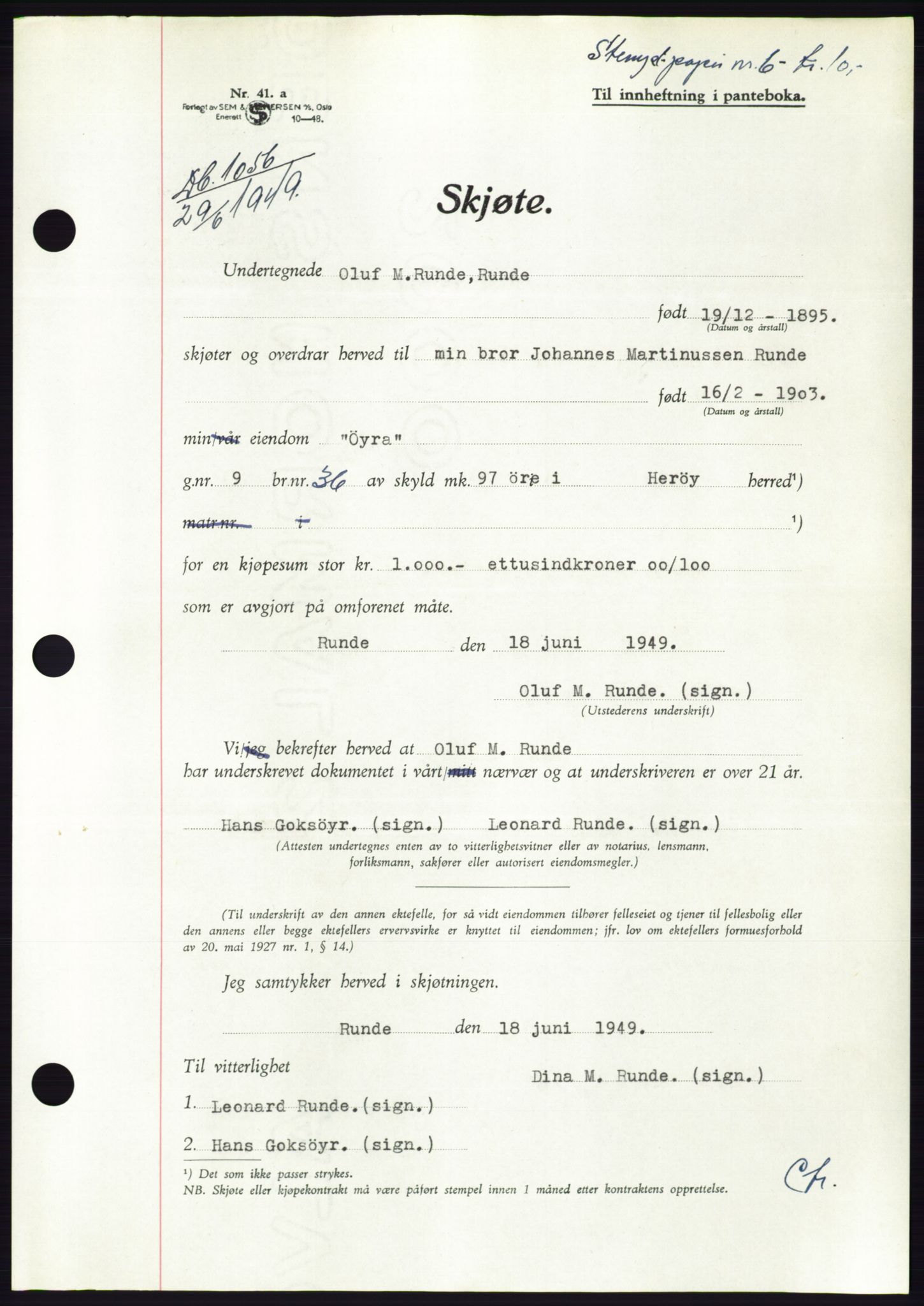 Søre Sunnmøre sorenskriveri, AV/SAT-A-4122/1/2/2C/L0084: Mortgage book no. 10A, 1949-1949, Diary no: : 1056/1949