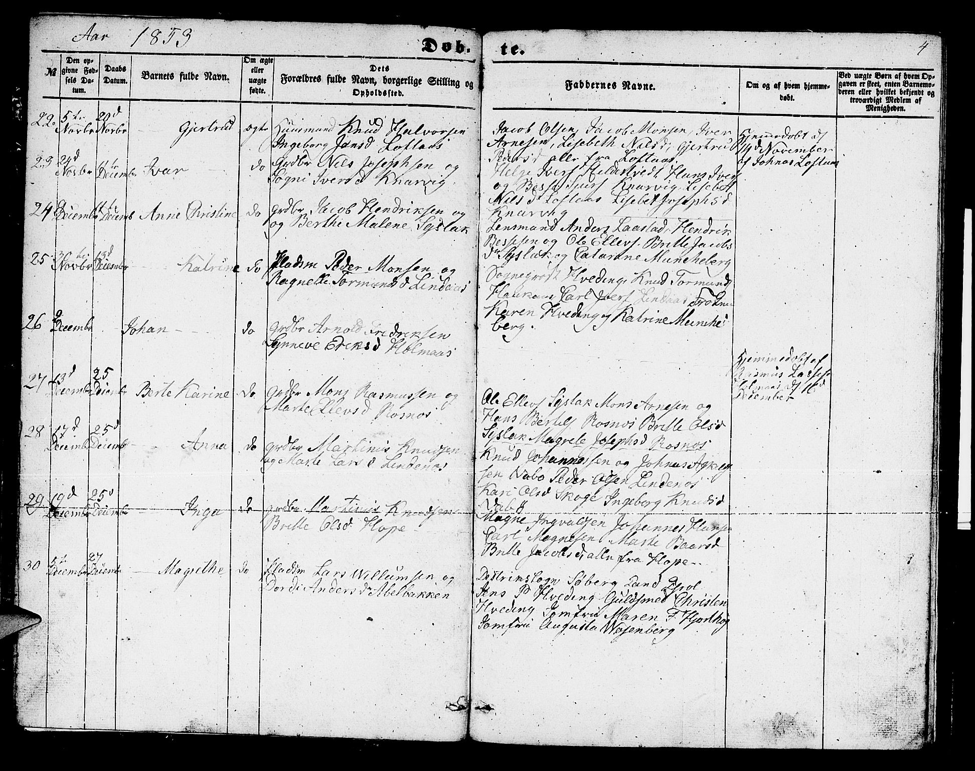 Lindås Sokneprestembete, SAB/A-76701/H/Hab: Parish register (copy) no. B 1, 1853-1866, p. 4