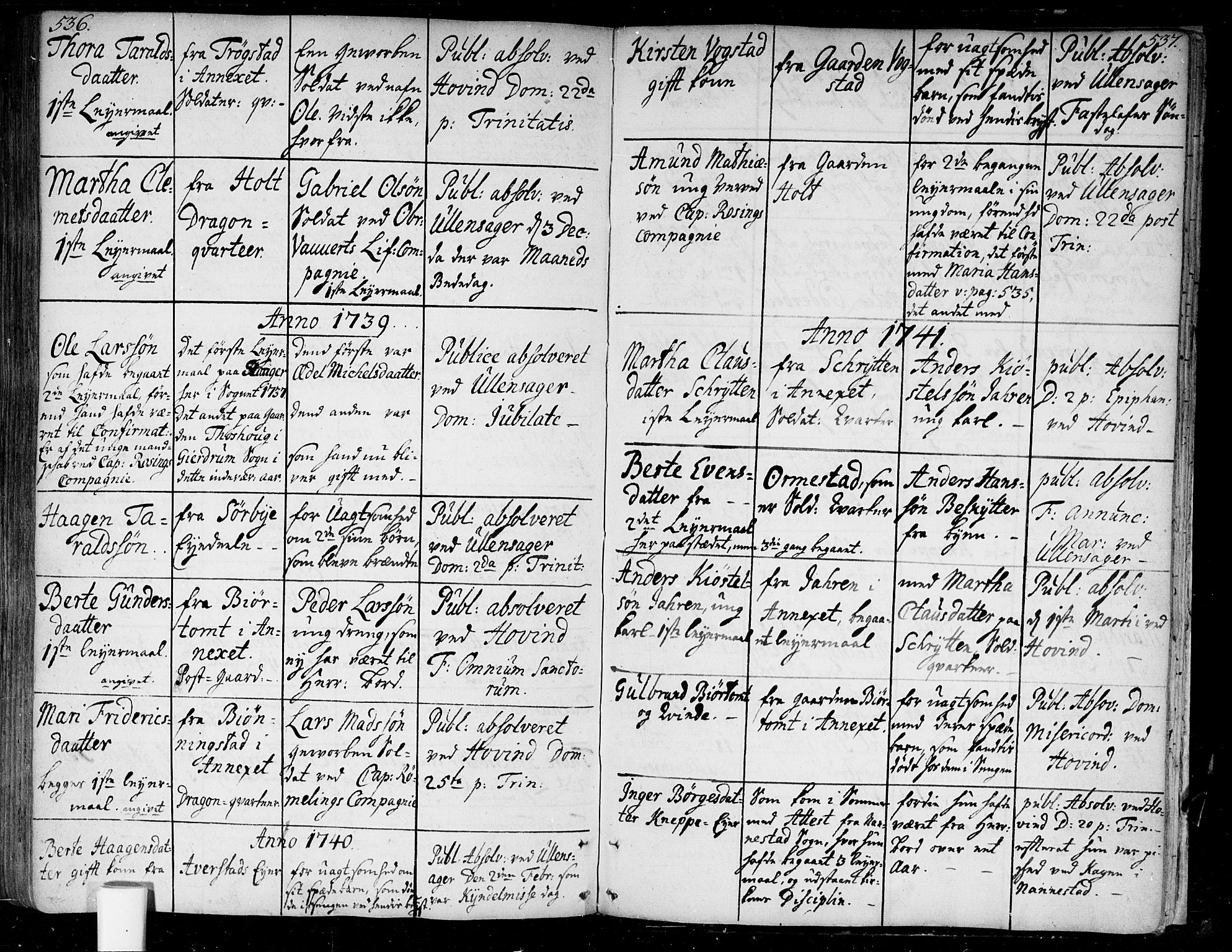 Ullensaker prestekontor Kirkebøker, SAO/A-10236a/F/Fa/L0005: Parish register (official) no. I 5, 1733-1762, p. 536-537
