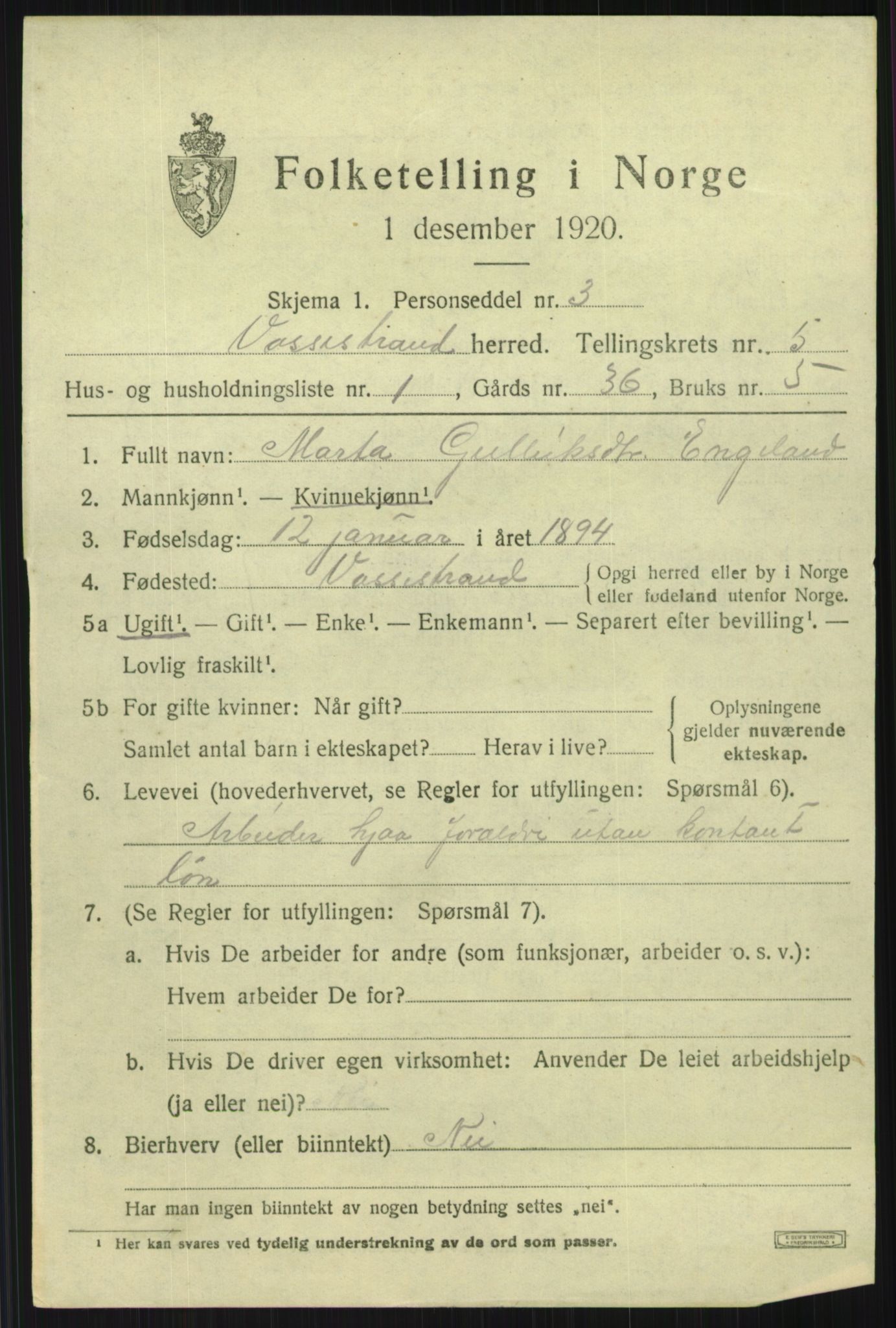 SAB, 1920 census for Vossestrand, 1920, p. 2374