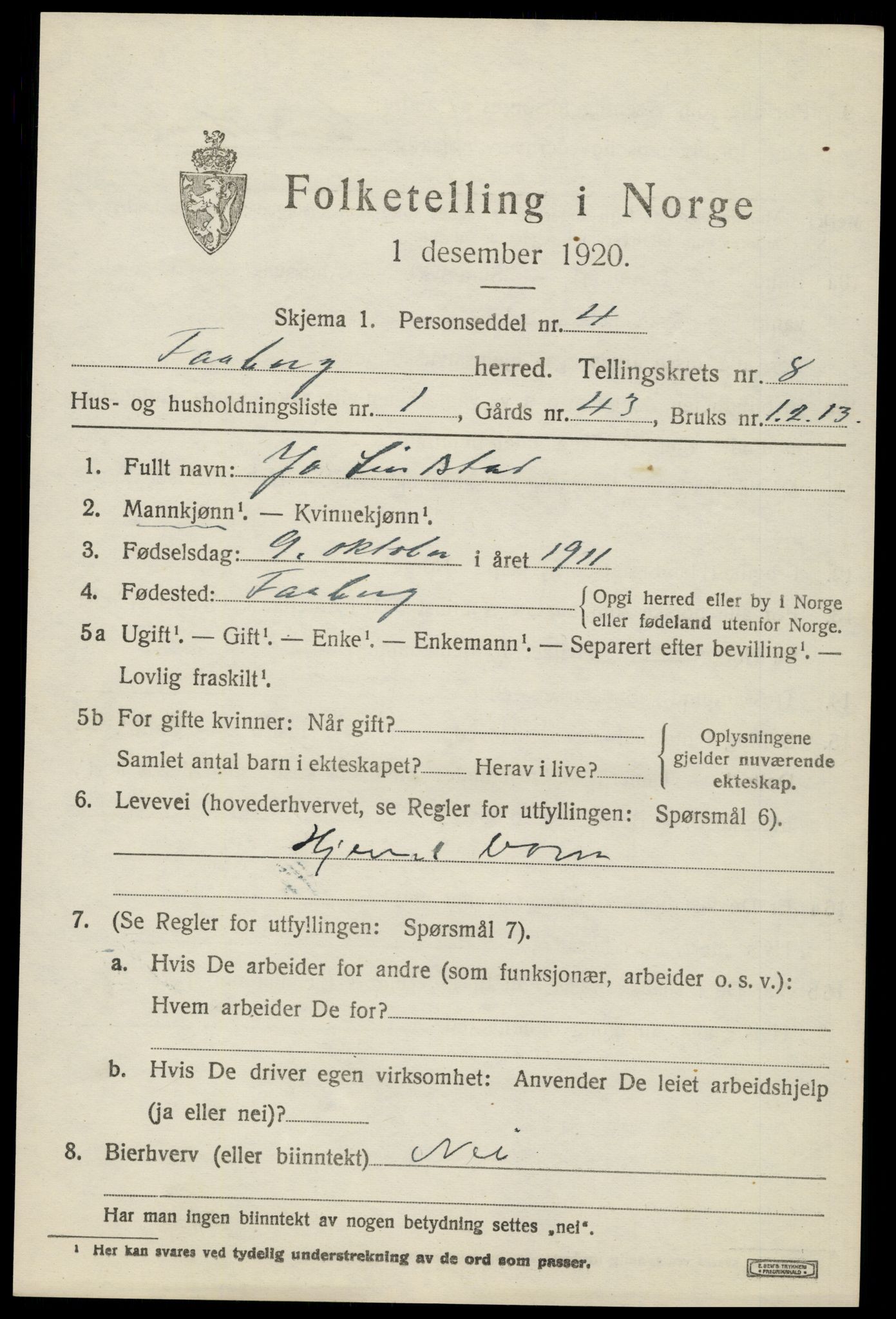 SAH, 1920 census for Fåberg, 1920, p. 9216