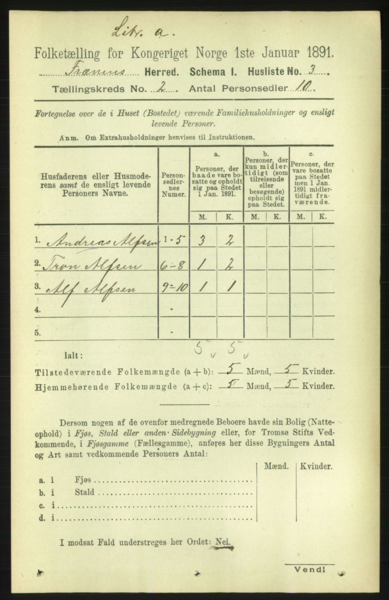 RA, 1891 census for 1548 Fræna, 1891, p. 453