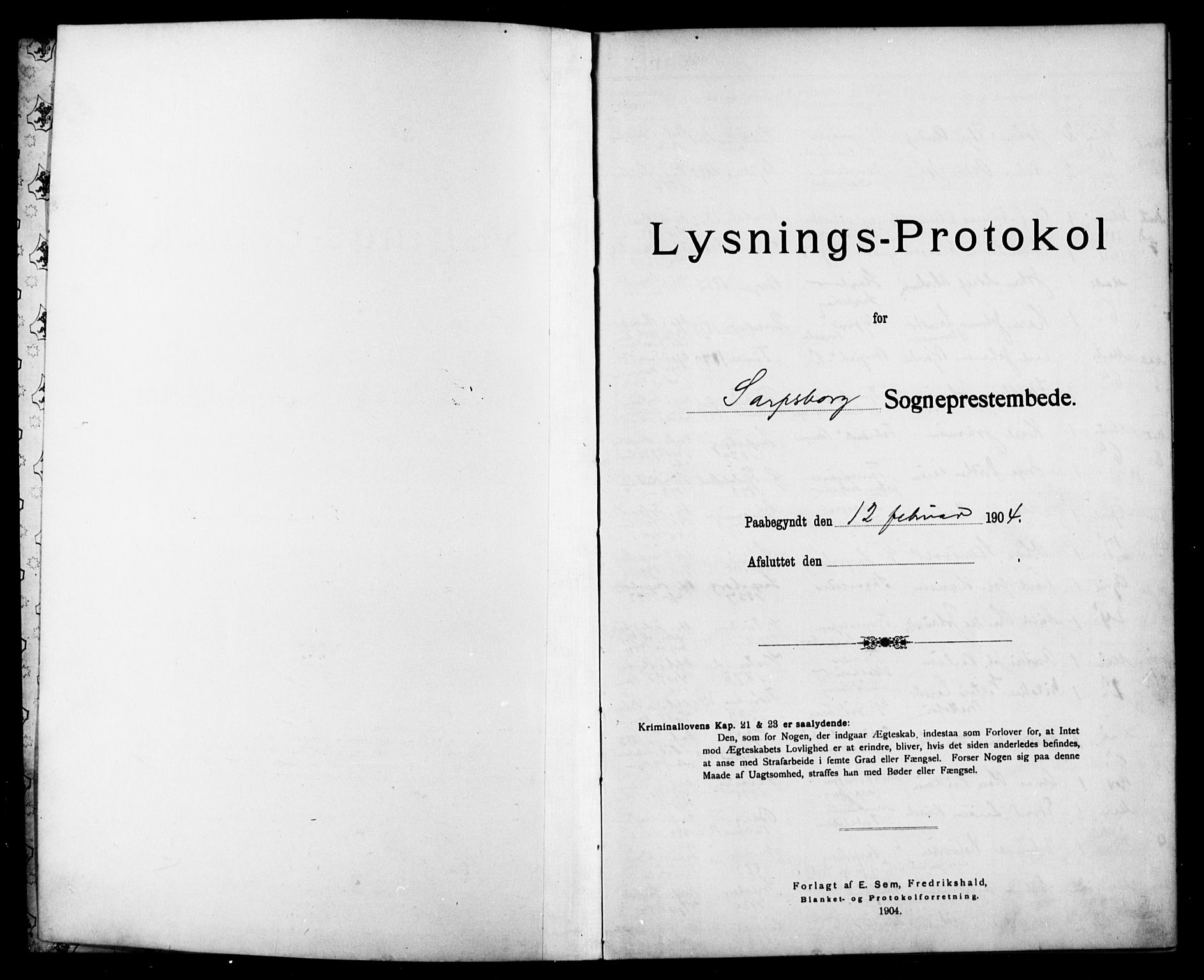 Sarpsborg prestekontor Kirkebøker, AV/SAO-A-2006/H/Ha/L0002: Banns register no. 2, 1904-1925