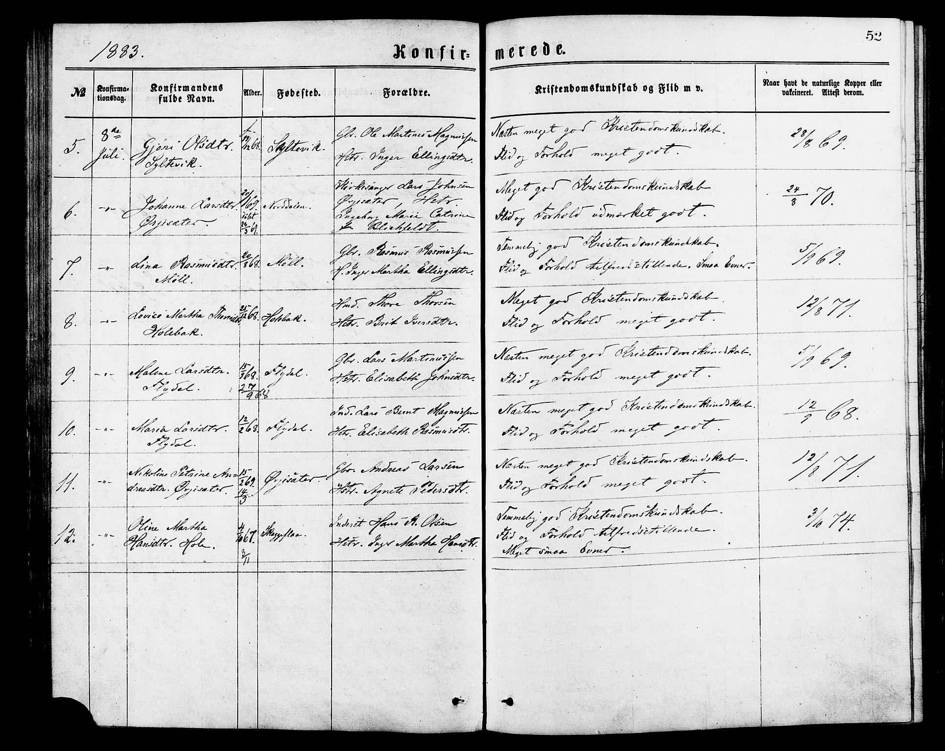 Ministerialprotokoller, klokkerbøker og fødselsregistre - Møre og Romsdal, AV/SAT-A-1454/517/L0227: Parish register (official) no. 517A07, 1870-1886, p. 52