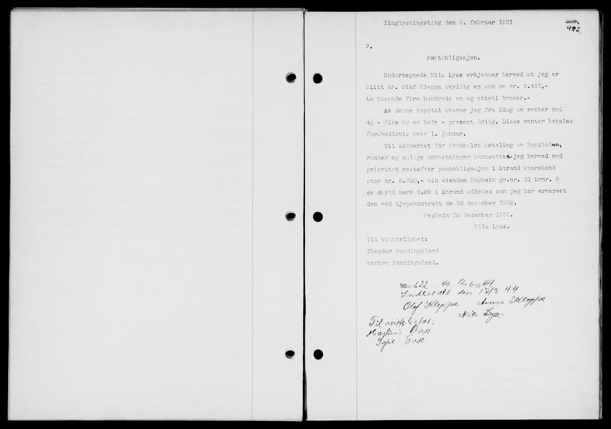 Ryfylke tingrett, SAST/A-100055/001/II/IIB/L0061: Mortgage book no. 40, 1930-1931, Deed date: 06.02.1931