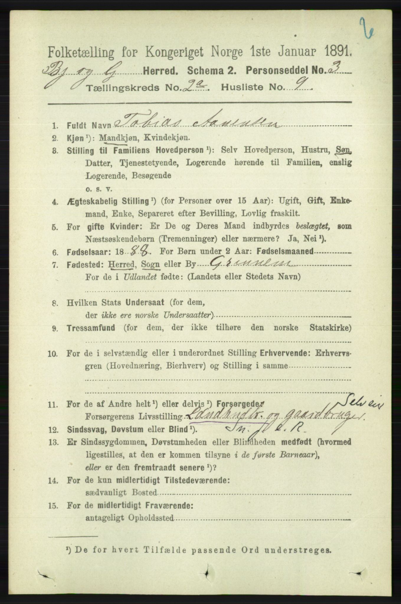 RA, 1891 census for 1024 Bjelland og Grindheim, 1891, p. 358