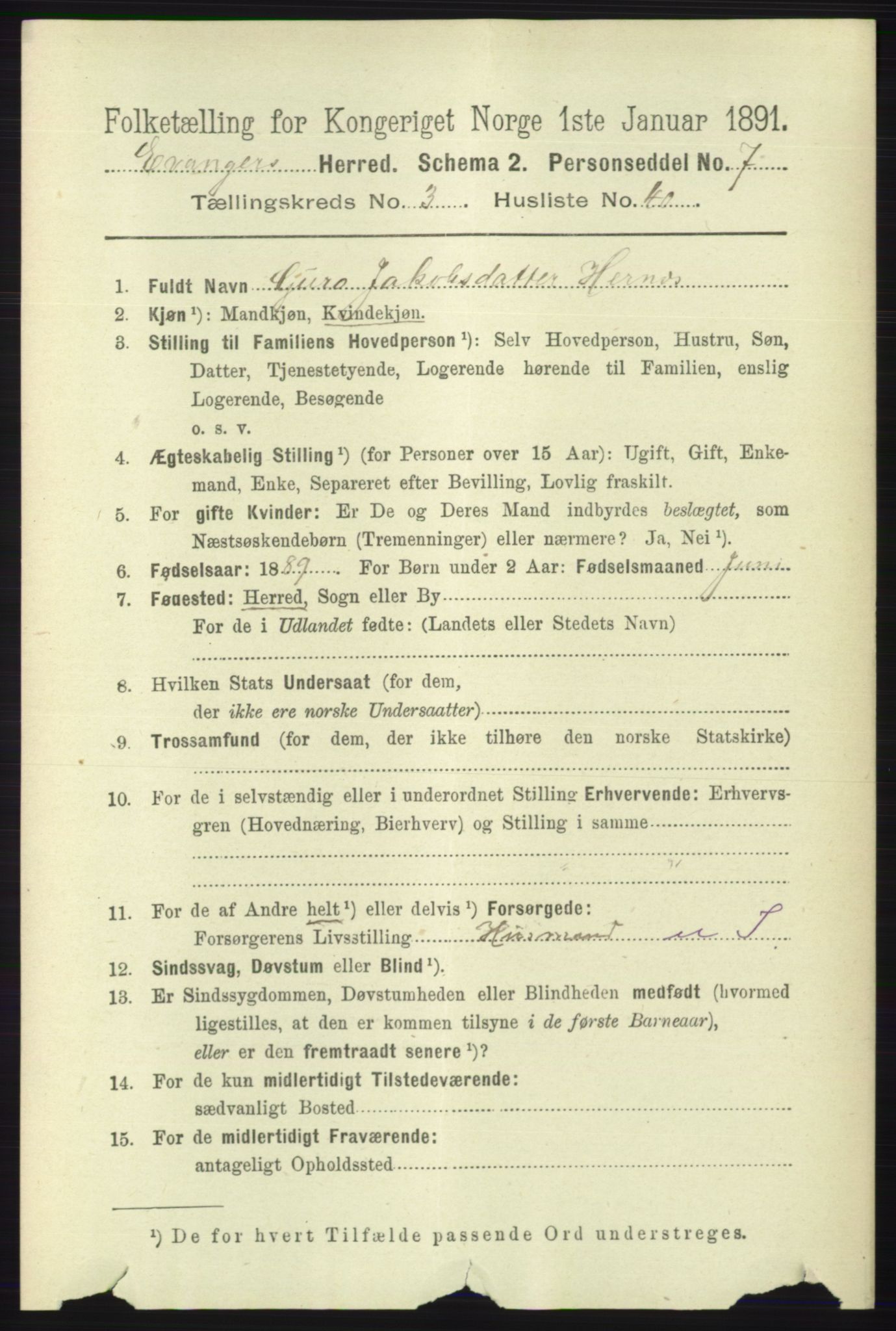 RA, 1891 census for 1237 Evanger, 1891, p. 1099