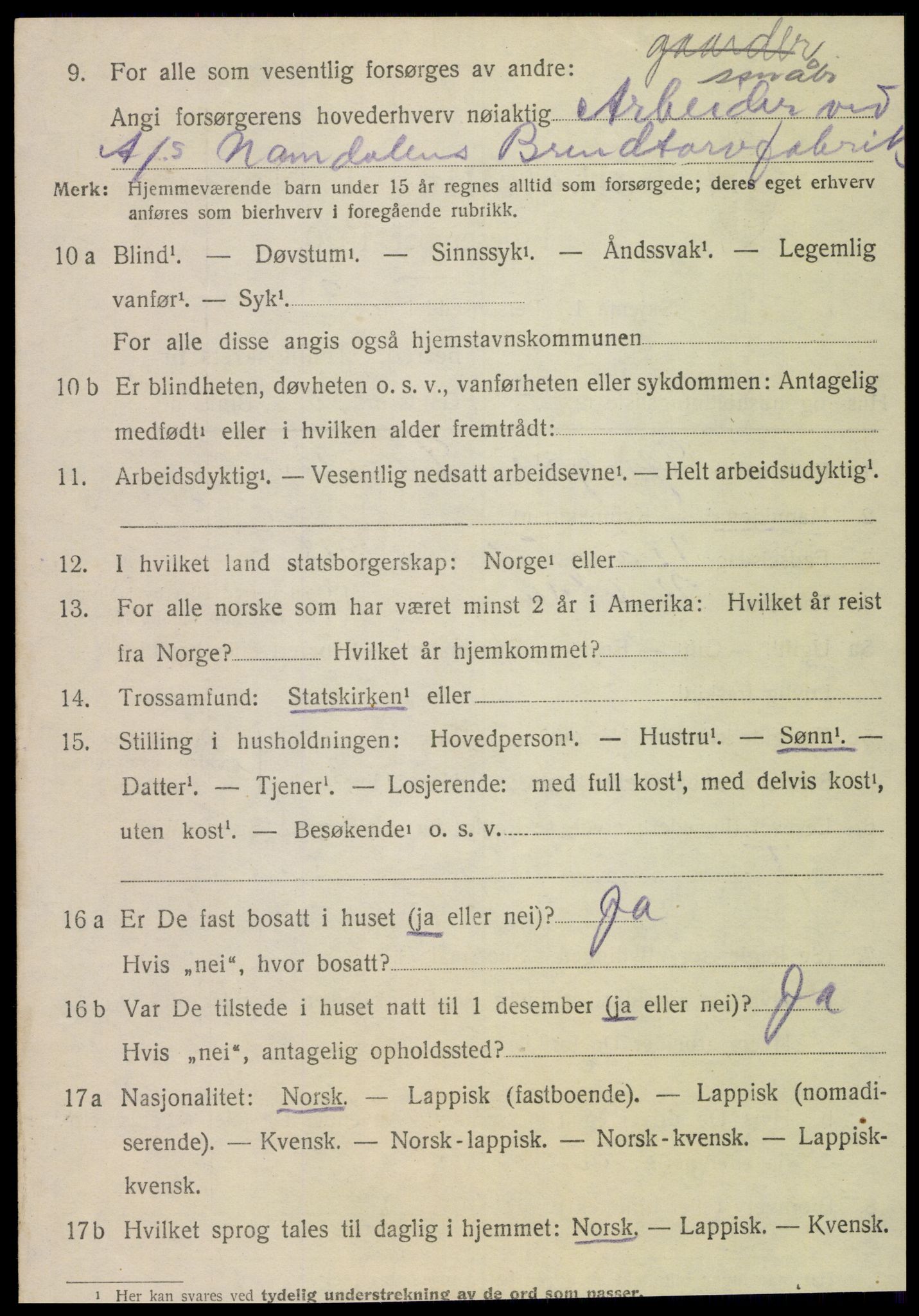 SAT, 1920 census for Fosnes, 1920, p. 1484