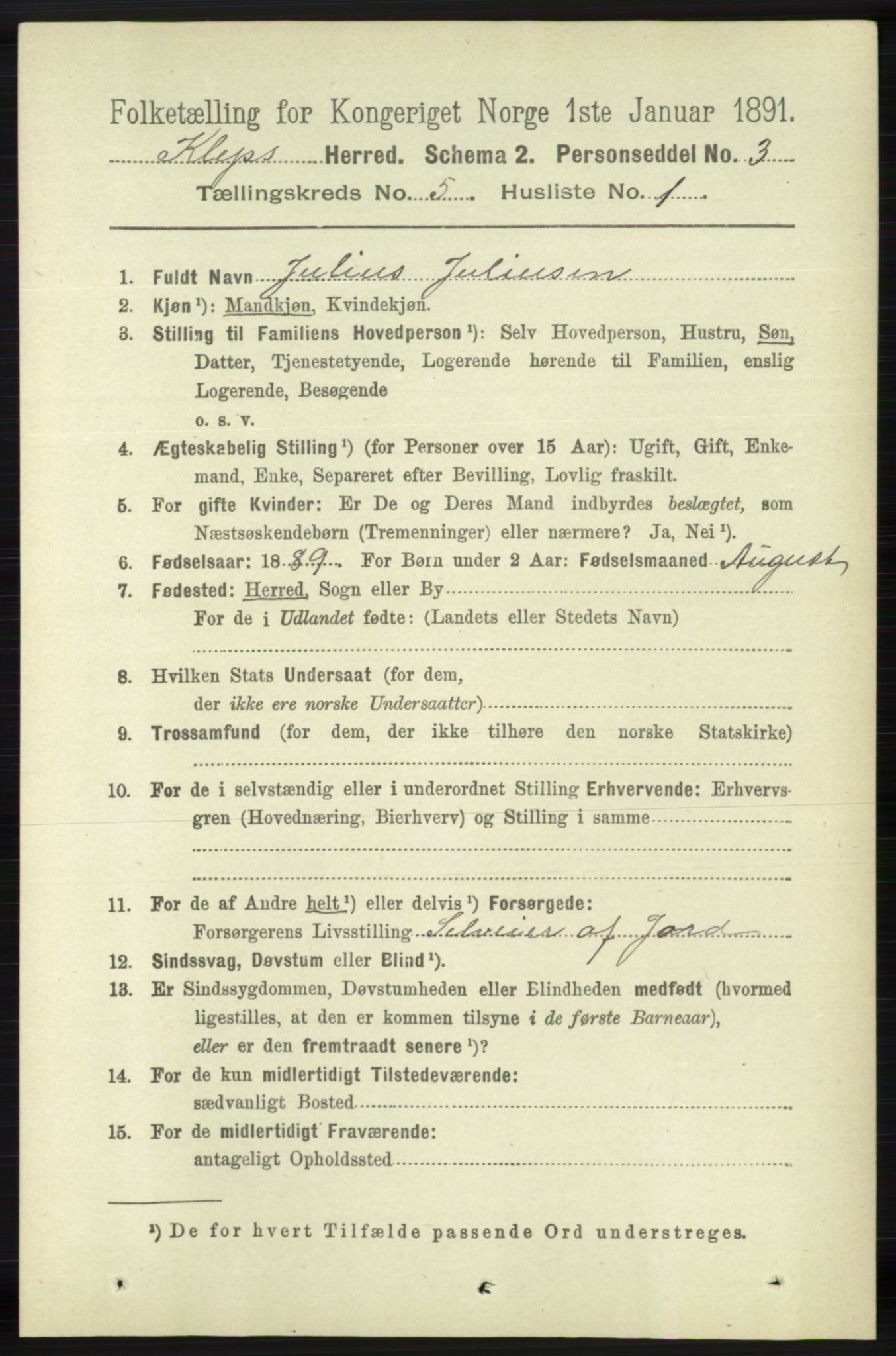 RA, 1891 census for 1120 Klepp, 1891, p. 1342