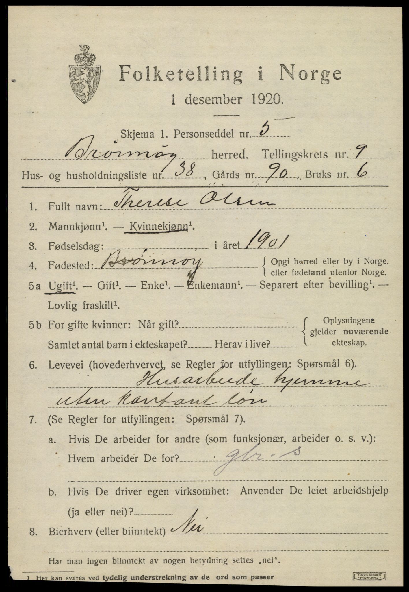 SAT, 1920 census for Brønnøy, 1920, p. 7580